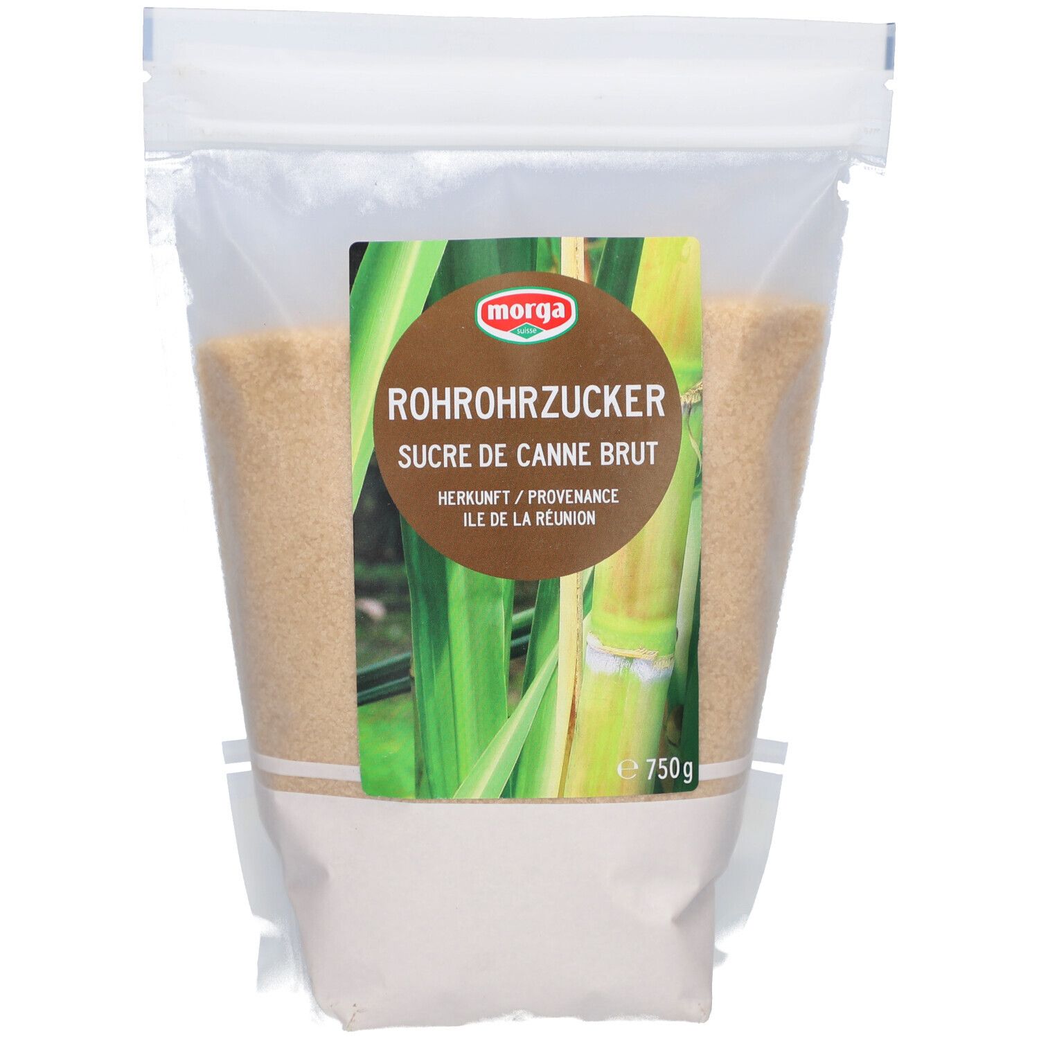 Beutel mit Rohrohrzucker. Aufkleber mit Produktname, Logo und Herkunft. 750g.