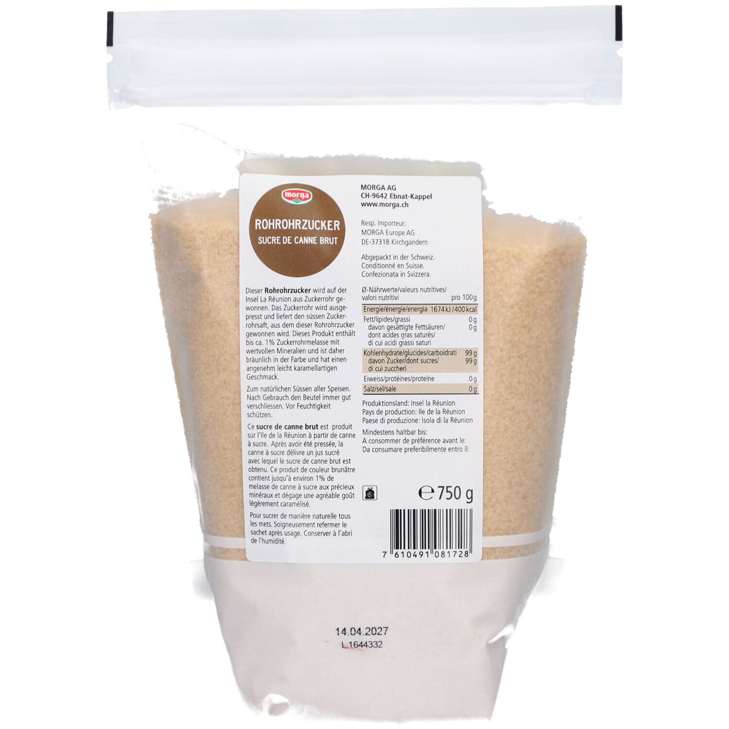 Rückseite des Beutels mit Rohrohrzucker. Etikett mit Nährwertangaben und Herstellerinformationen. 750g.