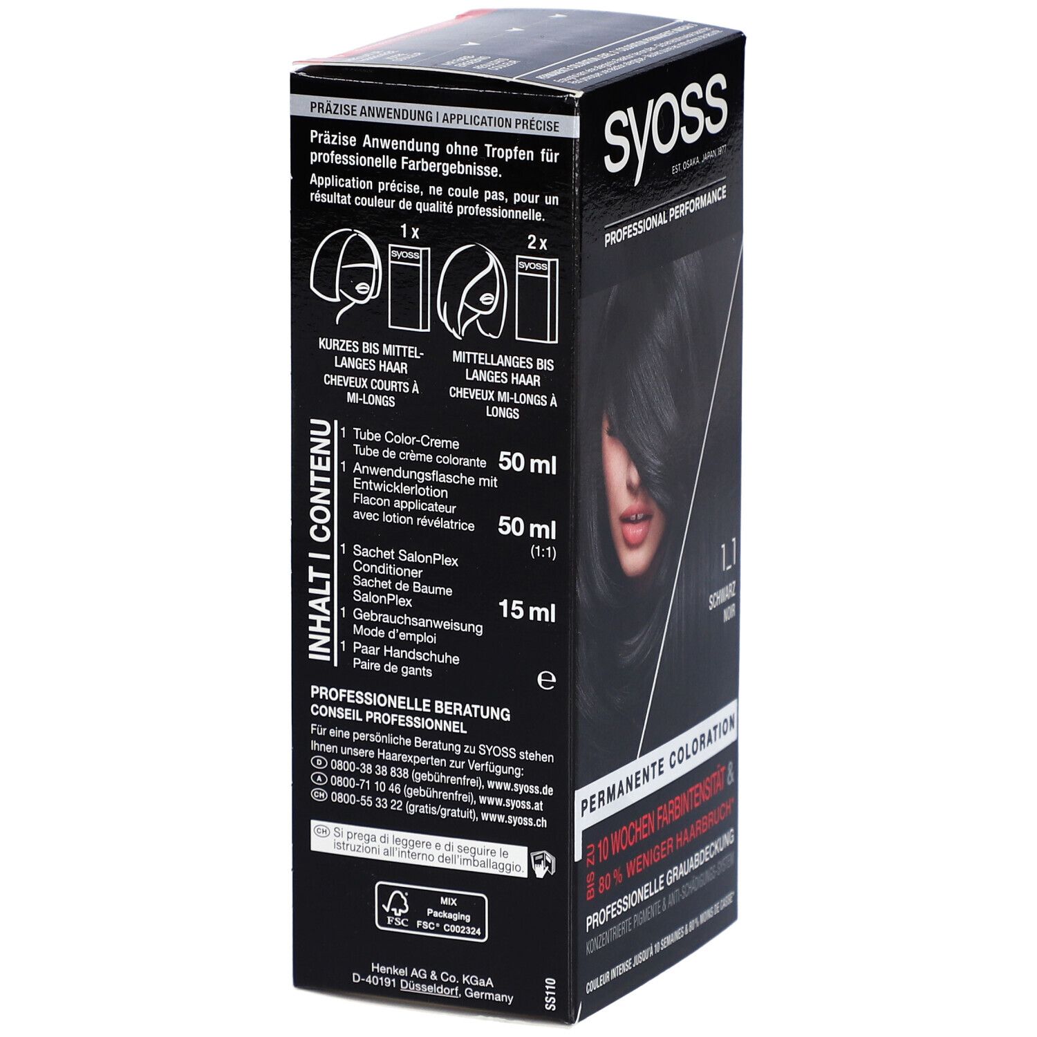 Syoss Haarfarben-Box. Inhalt: Color-Creme, Entwickler, SalonPlex Conditioner, Handschuhe. Angaben zur Anwendung und Inhaltsstoffe.