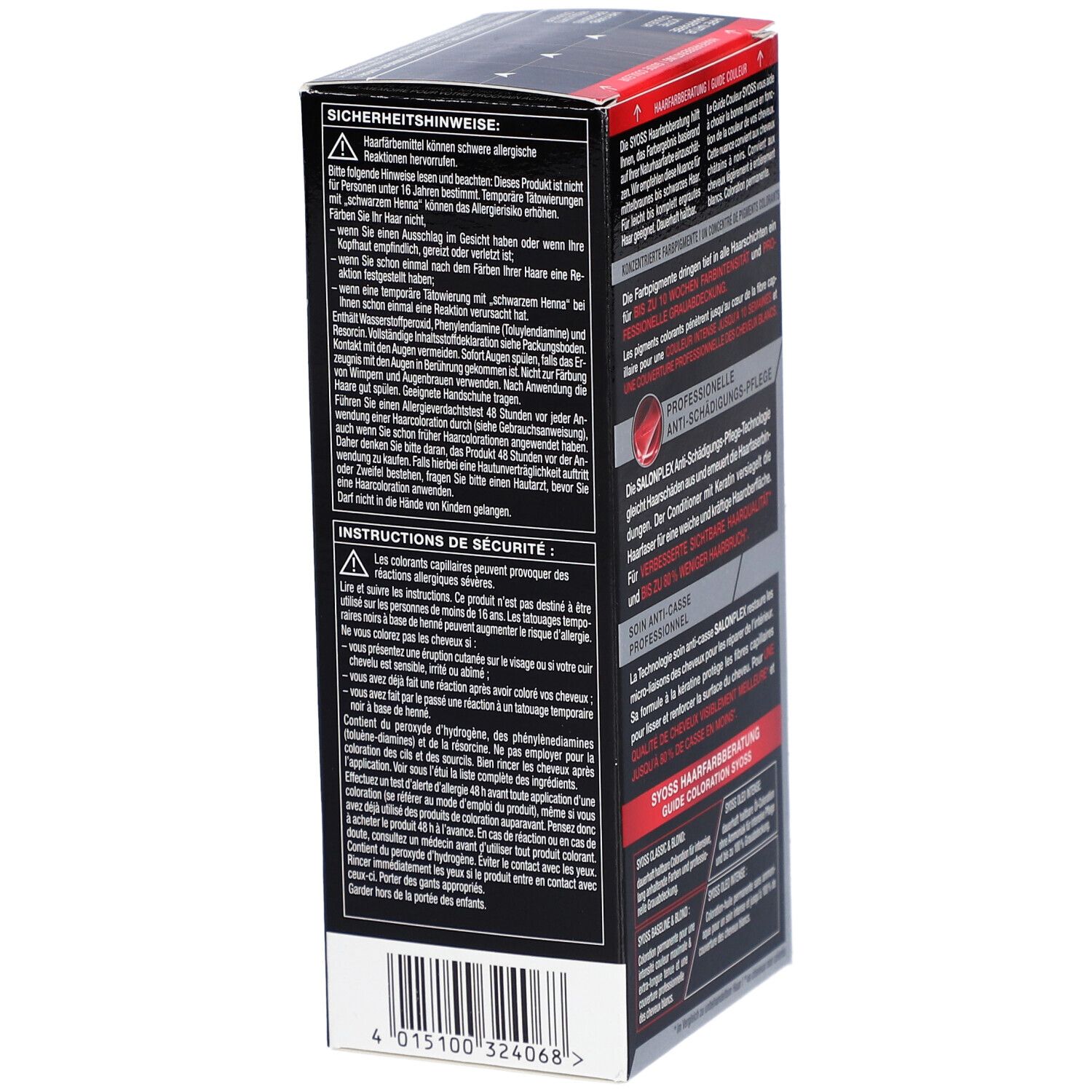 Syoss Haarfarben-Box. Sicherheitshinweise und Gebrauchsanweisung. Text in mehreren Sprachen.