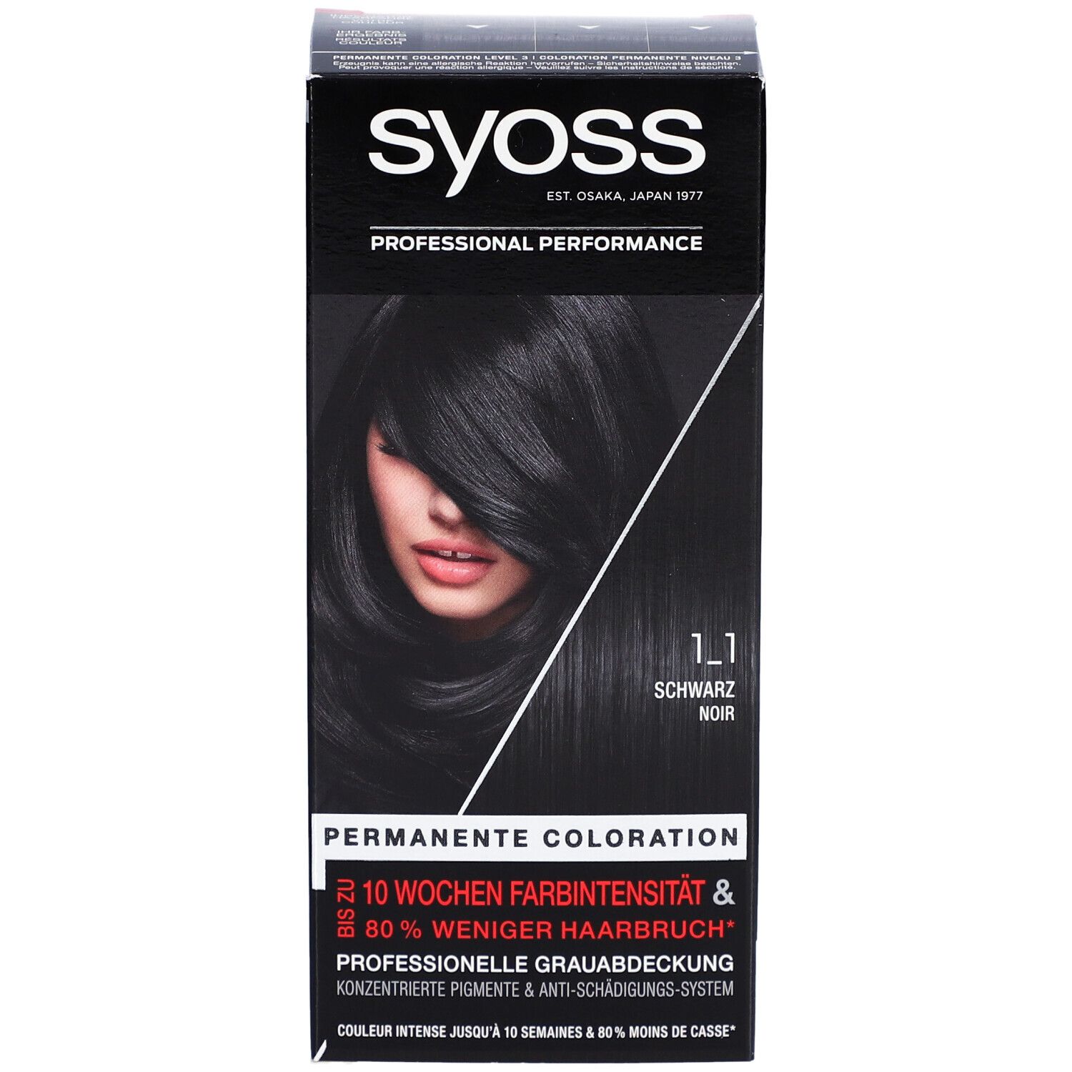 Schwarze Haarfarben-Box. Marke Syoss. Permanente Coloration. Aufdruck: 10 Wochen Farbintensität & 80% weniger Haarbruch.