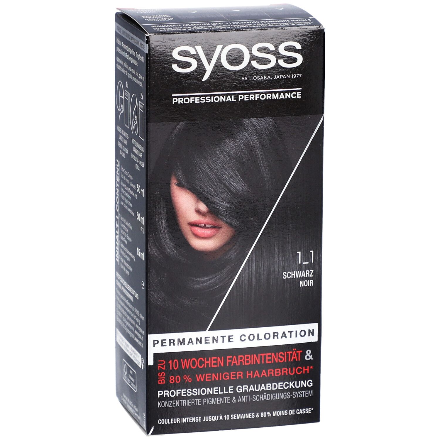 Schwarze Haarfarben-Box. Marke Syoss. Permanente Coloration. Aufdruck: 10 Wochen Farbintensität & 80% weniger Haarbruch.