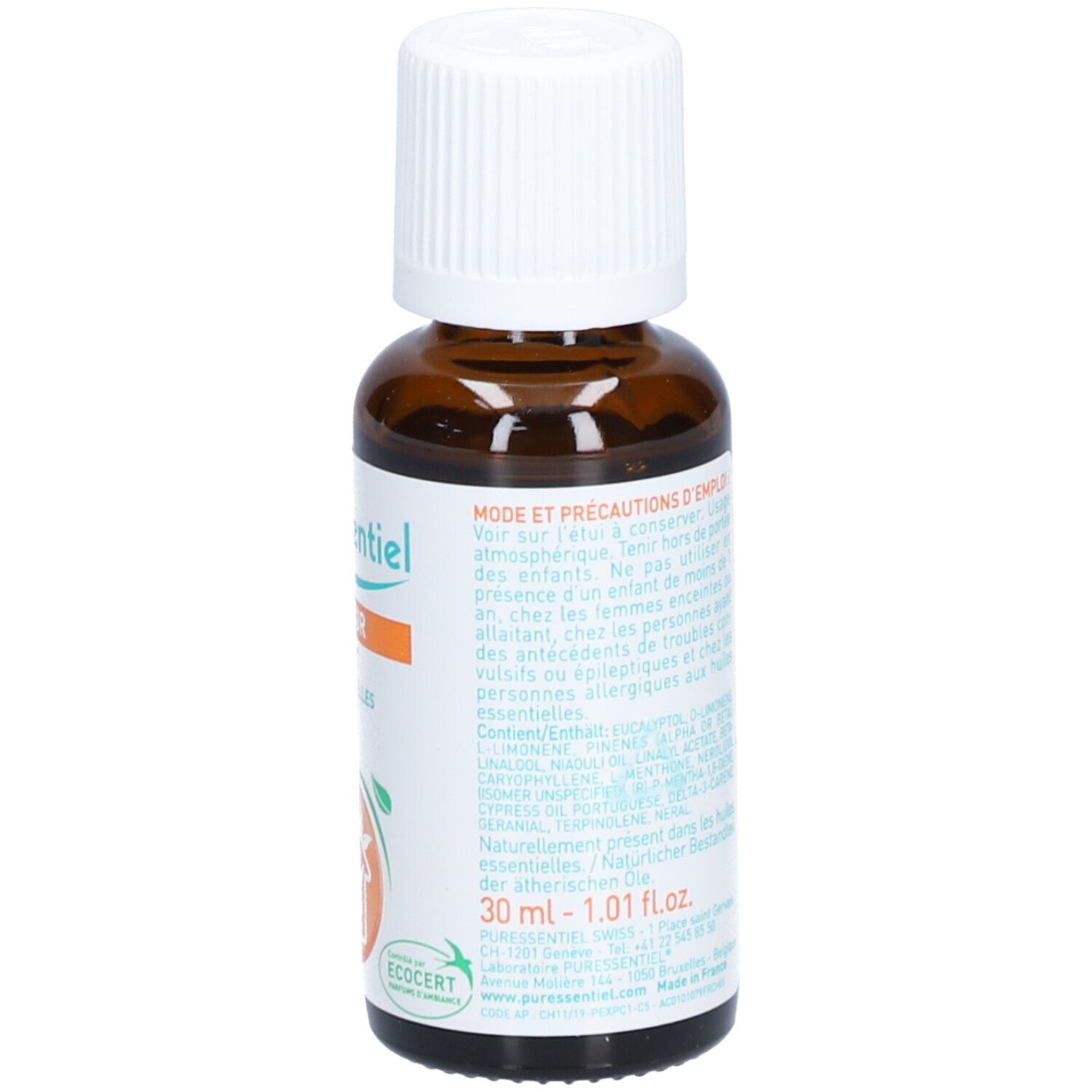 Braune Glasflasche mit weißem Deckel. Etikett mit Text, Inhaltsstoffen und Volumen: 30 ml. ECOCERT-Zertifizierung.