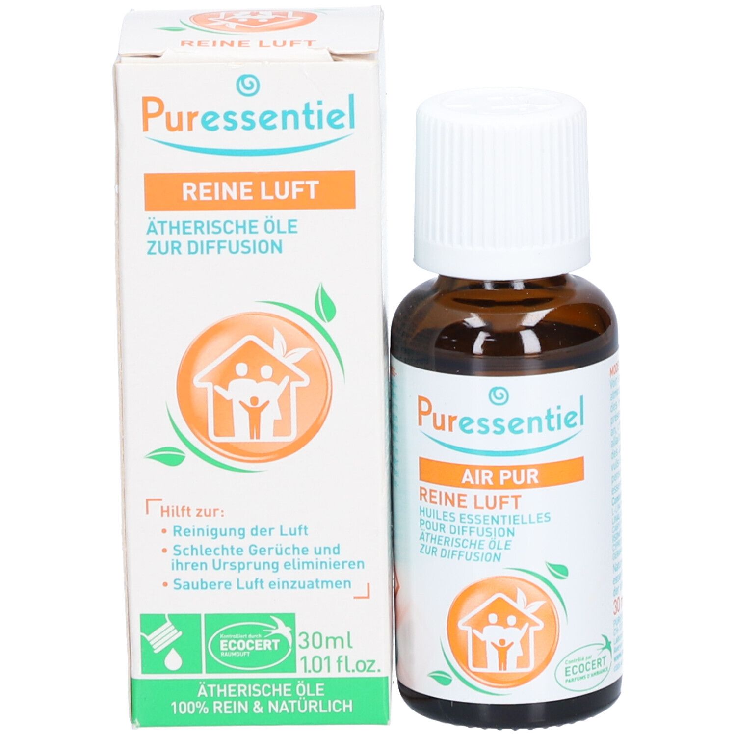 Produktflasche und Verpackung. Braune Flasche mit weißem Deckel. Karton mit Text: Puressentiel, Reine Luft, Ätherische Öle. 30ml.