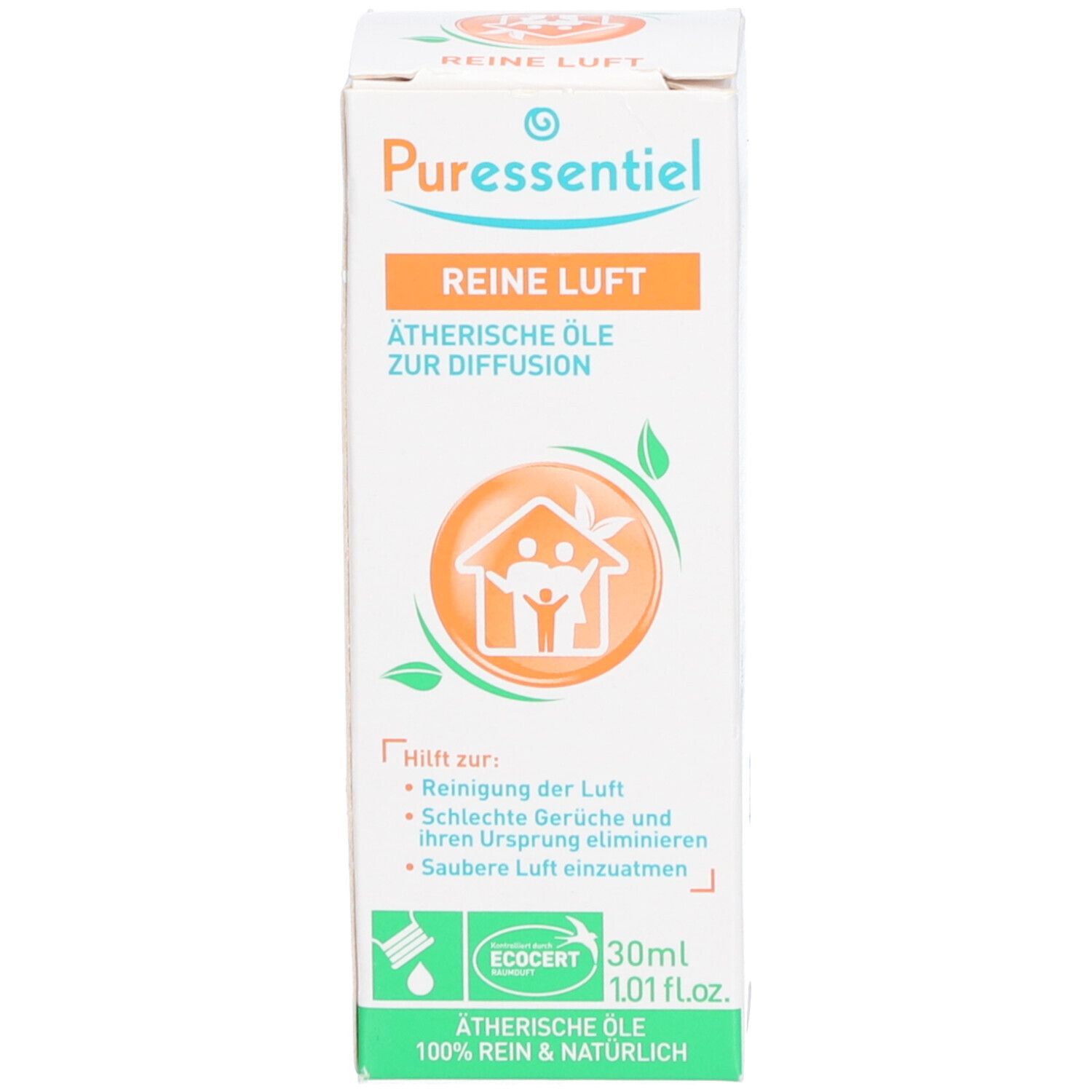Produktverpackung. Karton mit Text: Puressentiel, Reine Luft, Ätherische Öle. 30ml. ECOCERT-Zertifizierung.