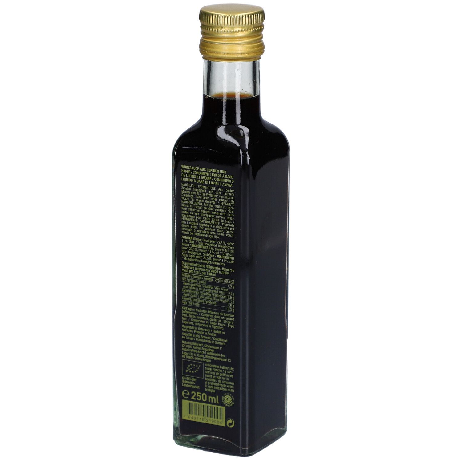 Dos de la bouteille en verre foncé avec bouchon doré. Texte multilingue. Certification bio.