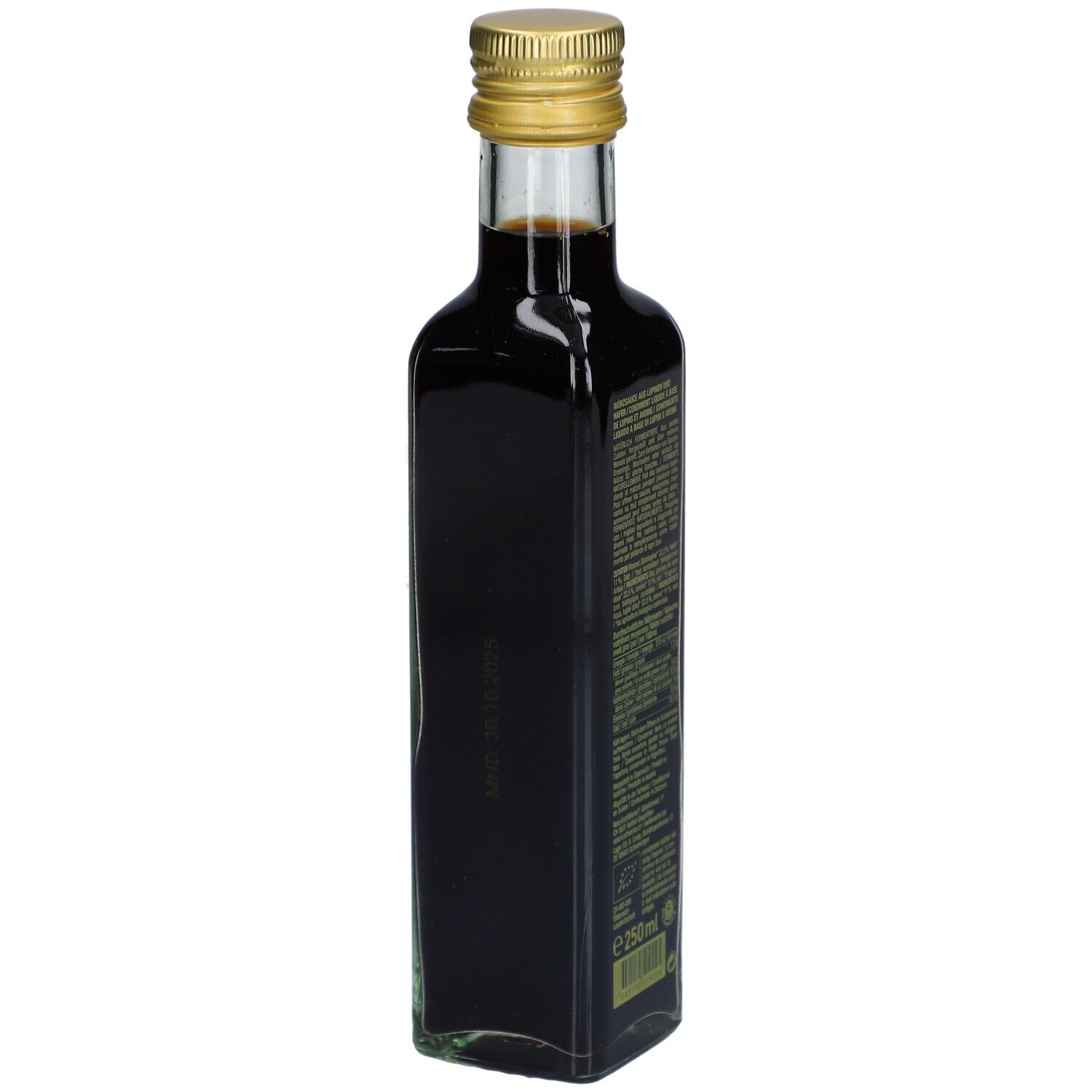 Dos de la bouteille en verre foncé avec bouchon doré. Certification bio et texte. 250ml.