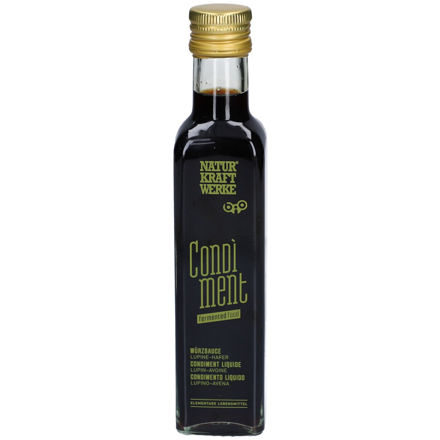 Bouteille en verre foncé avec bouchon doré. Inscription: NATURKRAFTWERKE, Condiment, fermenté. Lupine-Avoine bio.