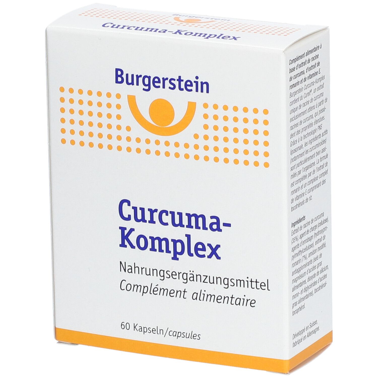 Weiße Schachtel mit Burgerstein-Logo und Aufschrift Curcuma-Komplex. 60 Kapseln. Nahrungsergänzungsmittel.
