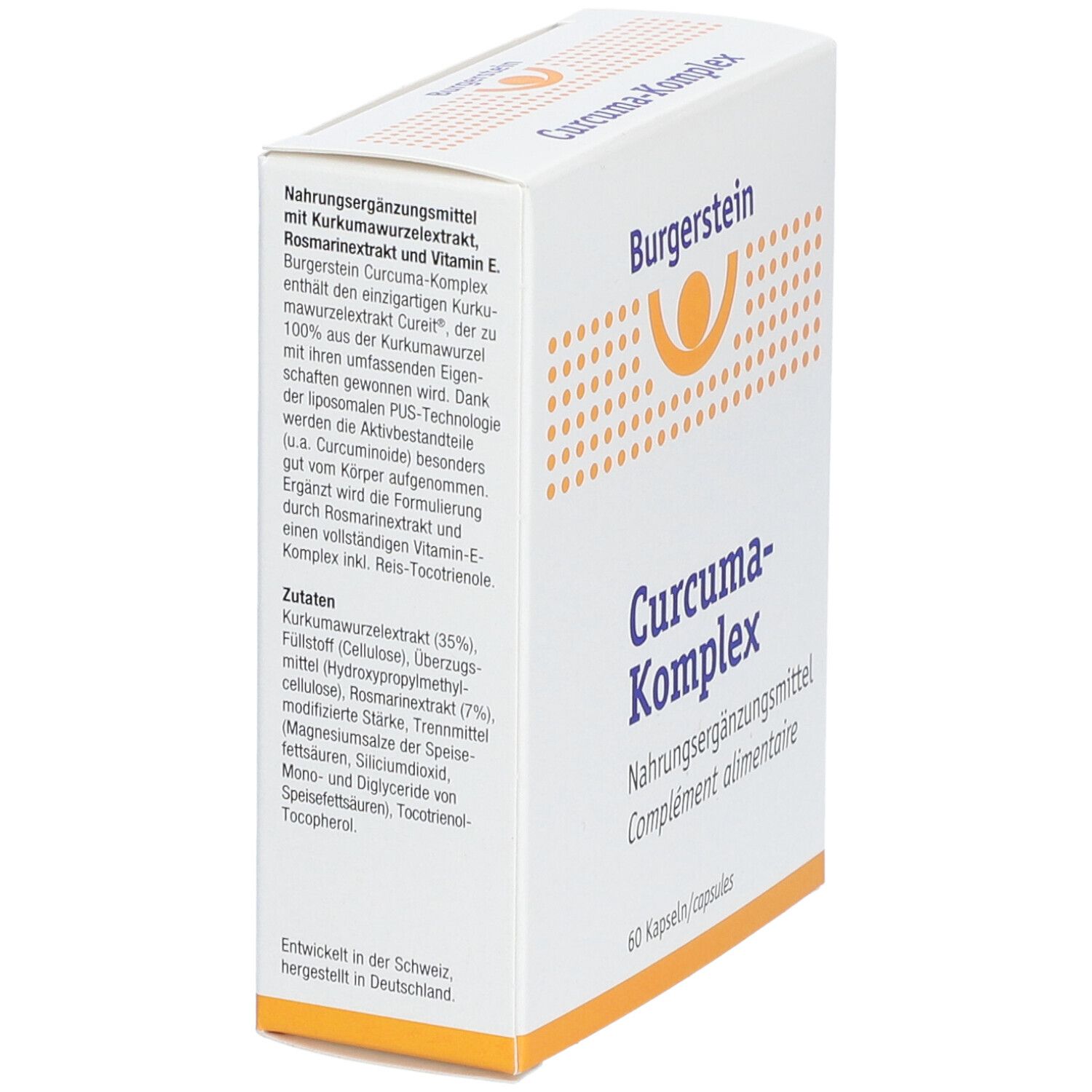 Weiße Schachtel mit Burgerstein-Logo und Text. Enthält Curcuma-Komplex, Rosmarinextrakt und Vitamin E. 60 Kapseln.