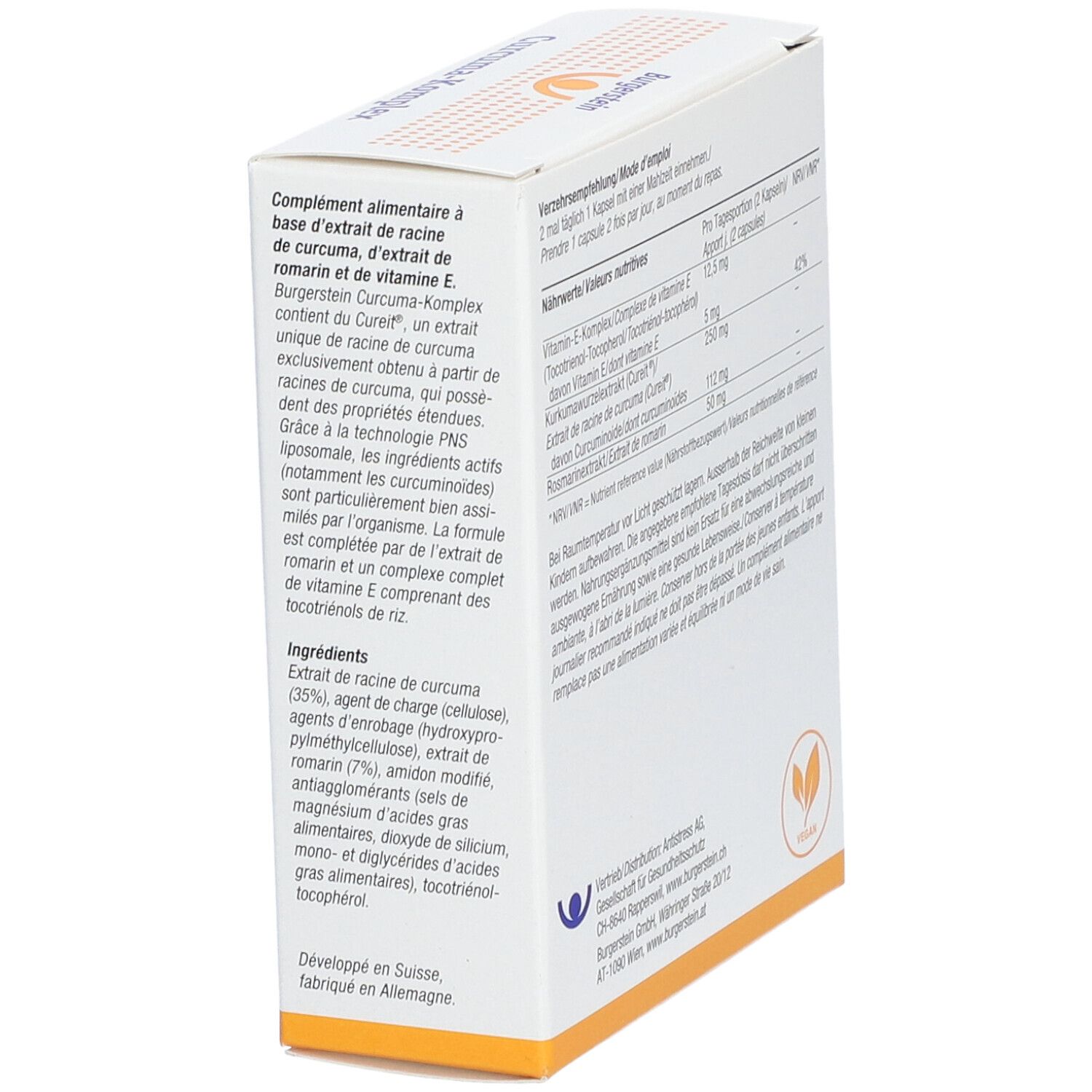 Rückseite der weißen Schachtel mit Informationen. Enthält Curcuma-Komplex, Rosmarin und Vitamin E. Vegan-Logo.