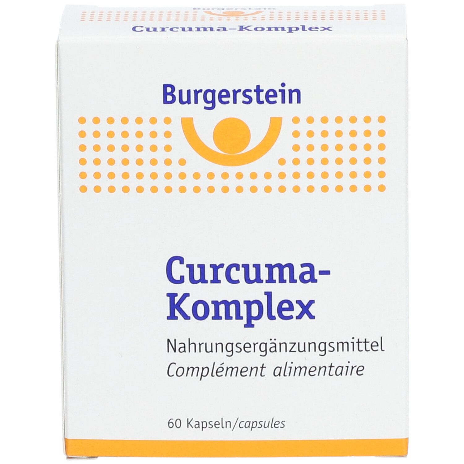 Weiße Schachtel mit Burgerstein-Logo und Aufschrift Curcuma-Komplex. Nahrungsergänzungsmittel. 60 Kapseln.