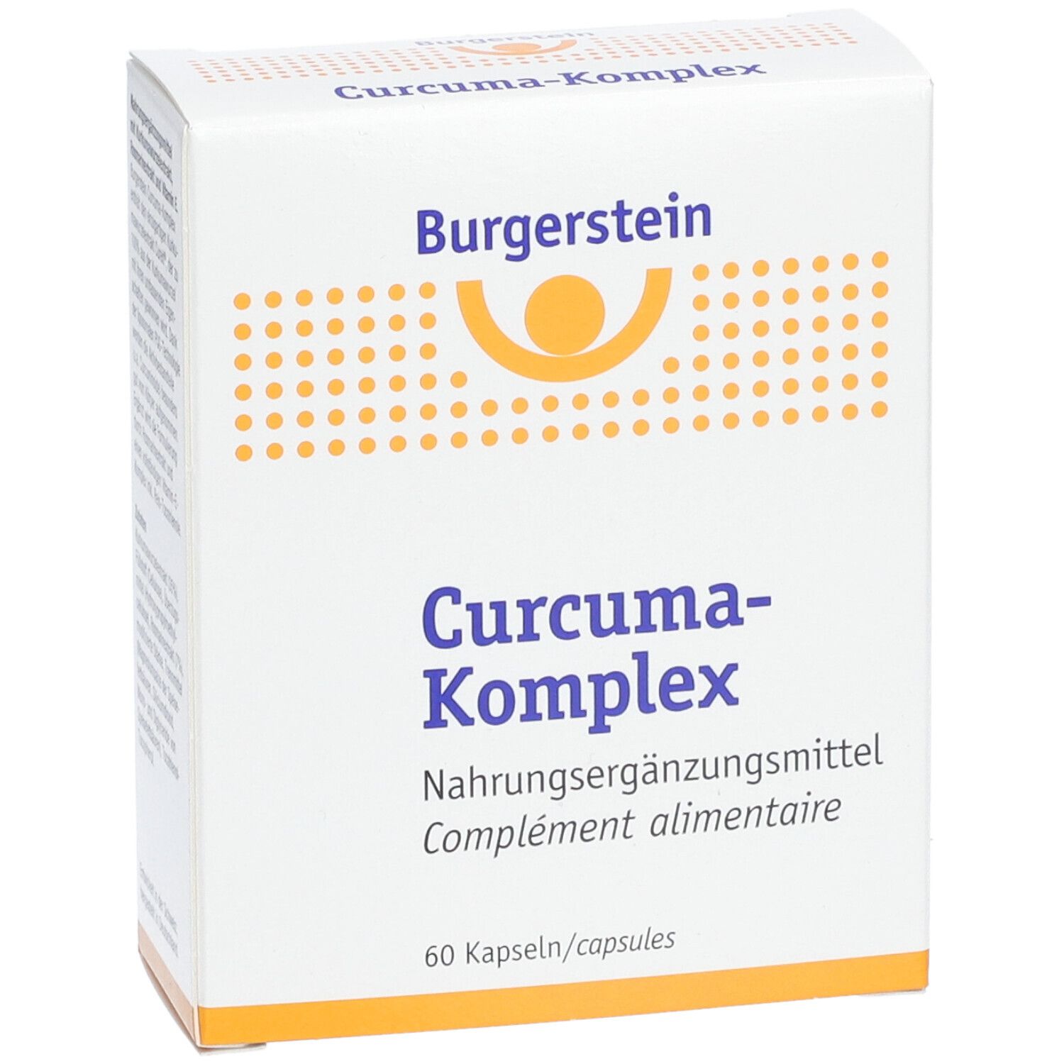 Weiße Schachtel mit Burgerstein-Logo und Aufschrift Curcuma-Komplex. Nahrungsergänzungsmittel. 60 Kapseln.