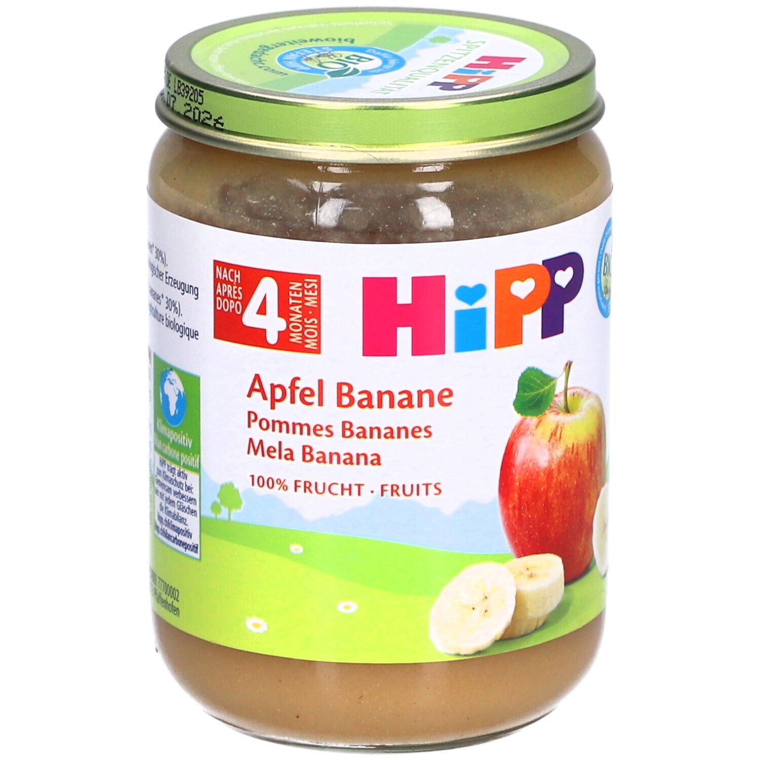 Pot de purée pomme-banane HiPP, dès 4 mois. Illustration: pomme et tranches de banane. Inscription: Apfel Banane.