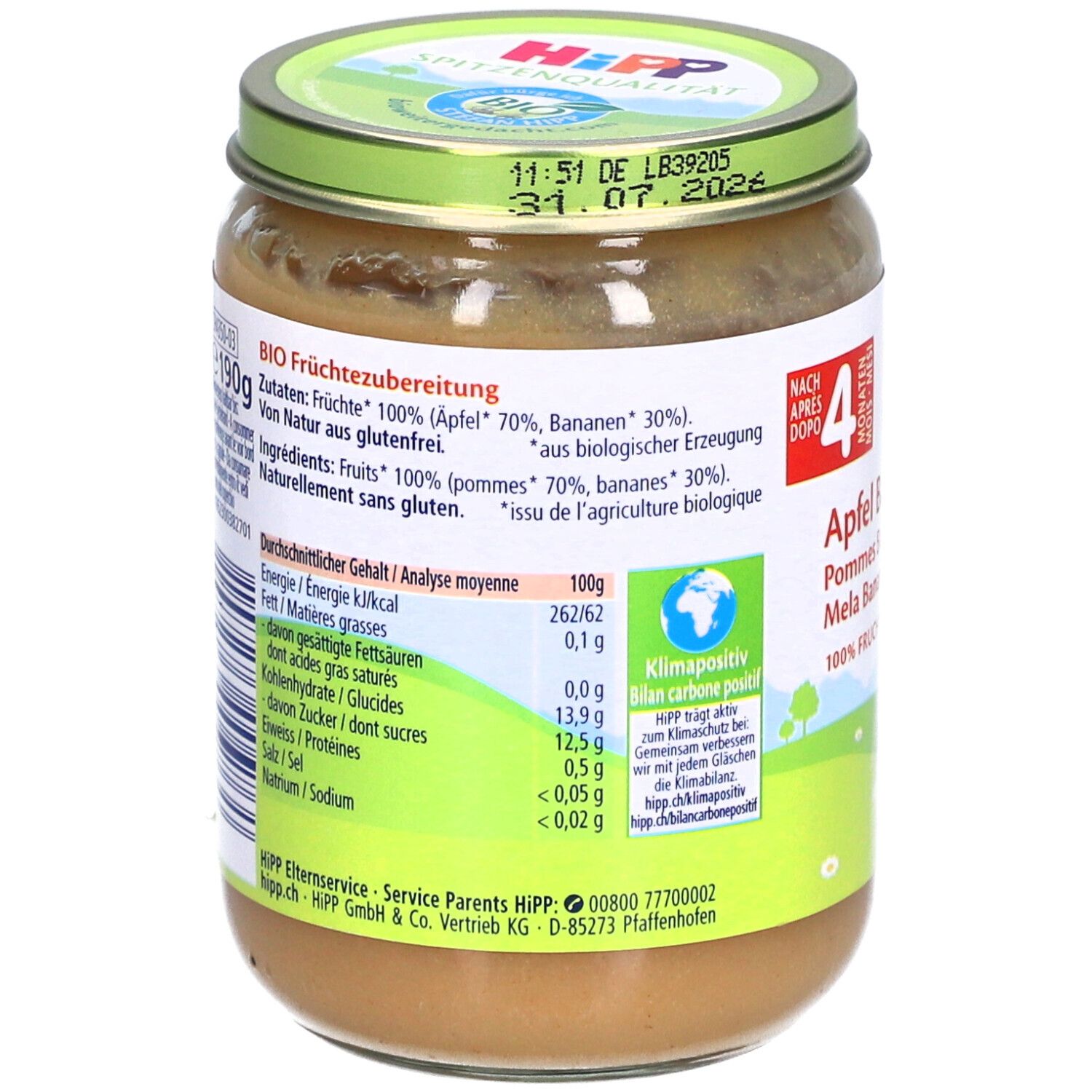 Dos du pot de purée pomme-banane HiPP. Ingrédients, valeurs nutritionnelles et neutralité climatique. Label bio.