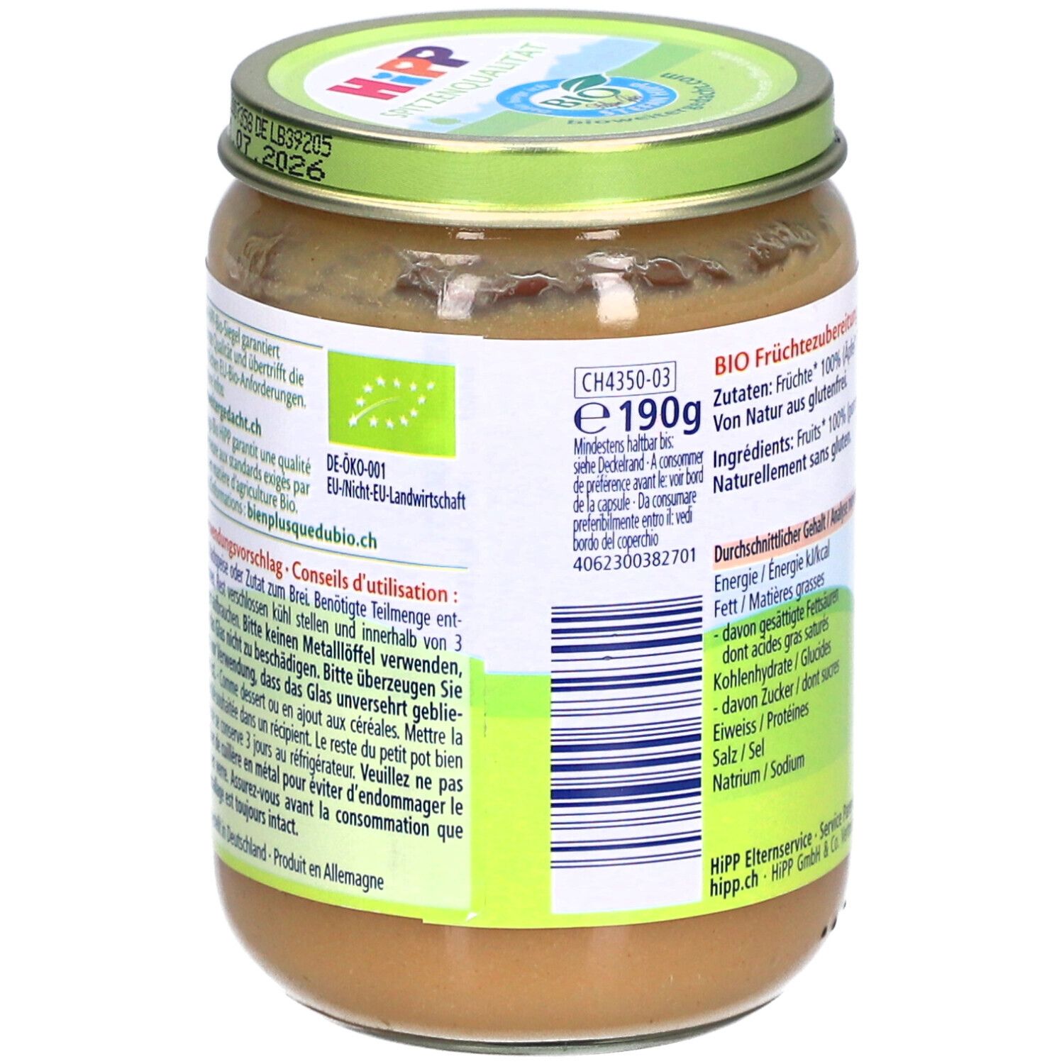 Dos du pot de purée pomme-banane HiPP. Ingrédients, valeurs nutritionnelles et neutralité climatique. Label bio.