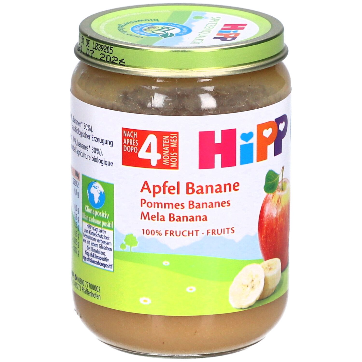 Pot de purée pomme-banane HiPP, dès 4 mois. Illustration: pomme et tranches de banane. Inscription: Apfel Banane.