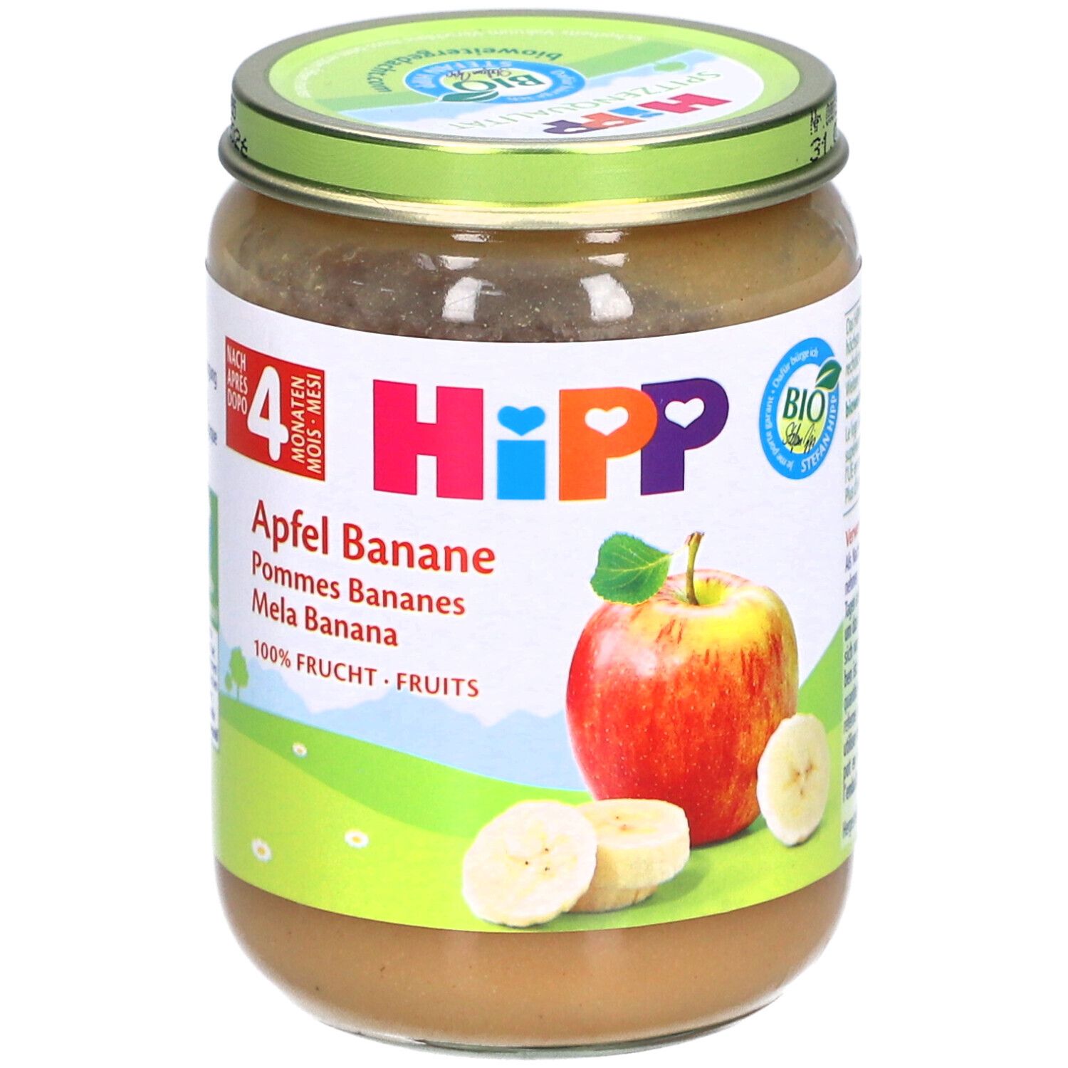 Pot de purée pomme-banane HiPP, dès 4 mois. Illustration: pomme et tranches de banane. Inscription: Apfel Banane.