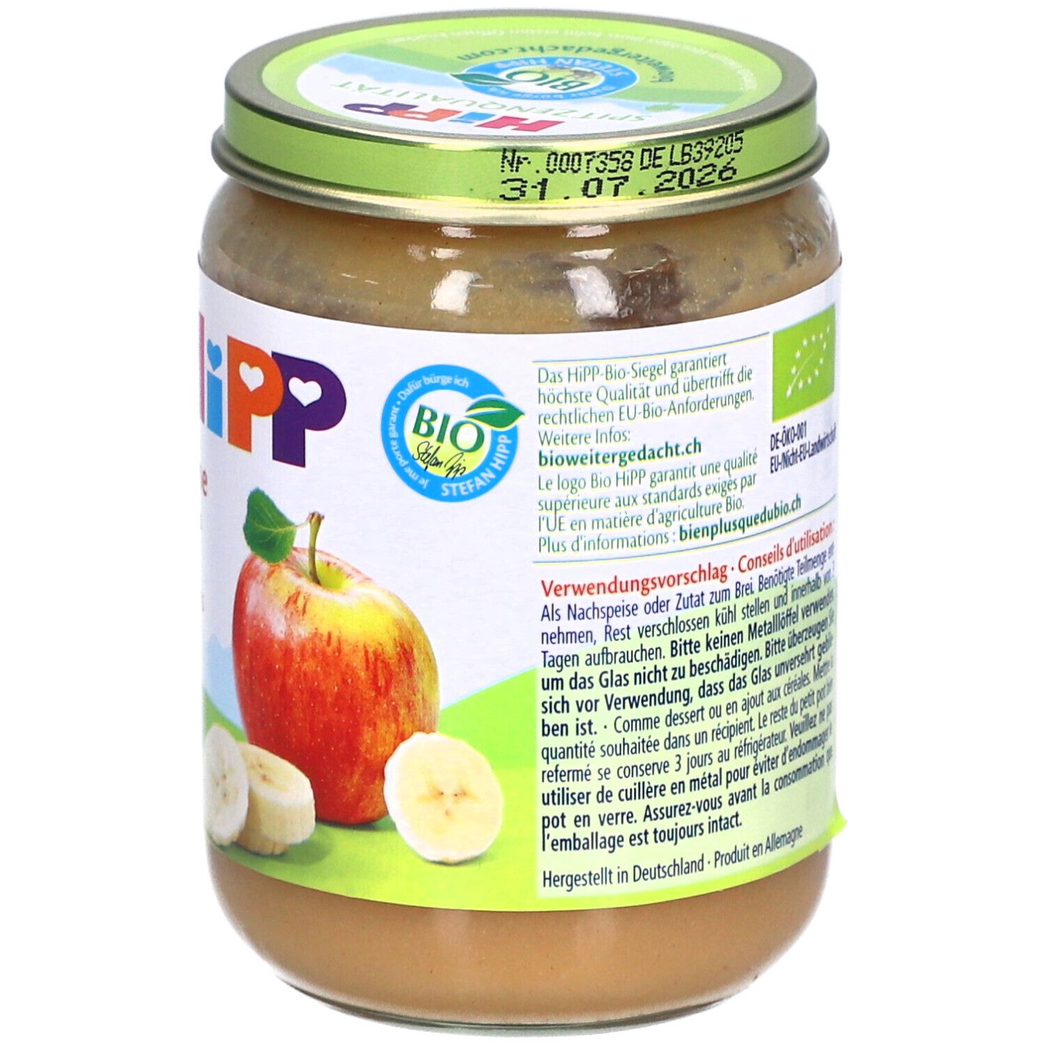 Pot de purée pomme-banane HiPP. Label bio. Illustration: pomme et tranches de banane. Conseils d'utilisation.