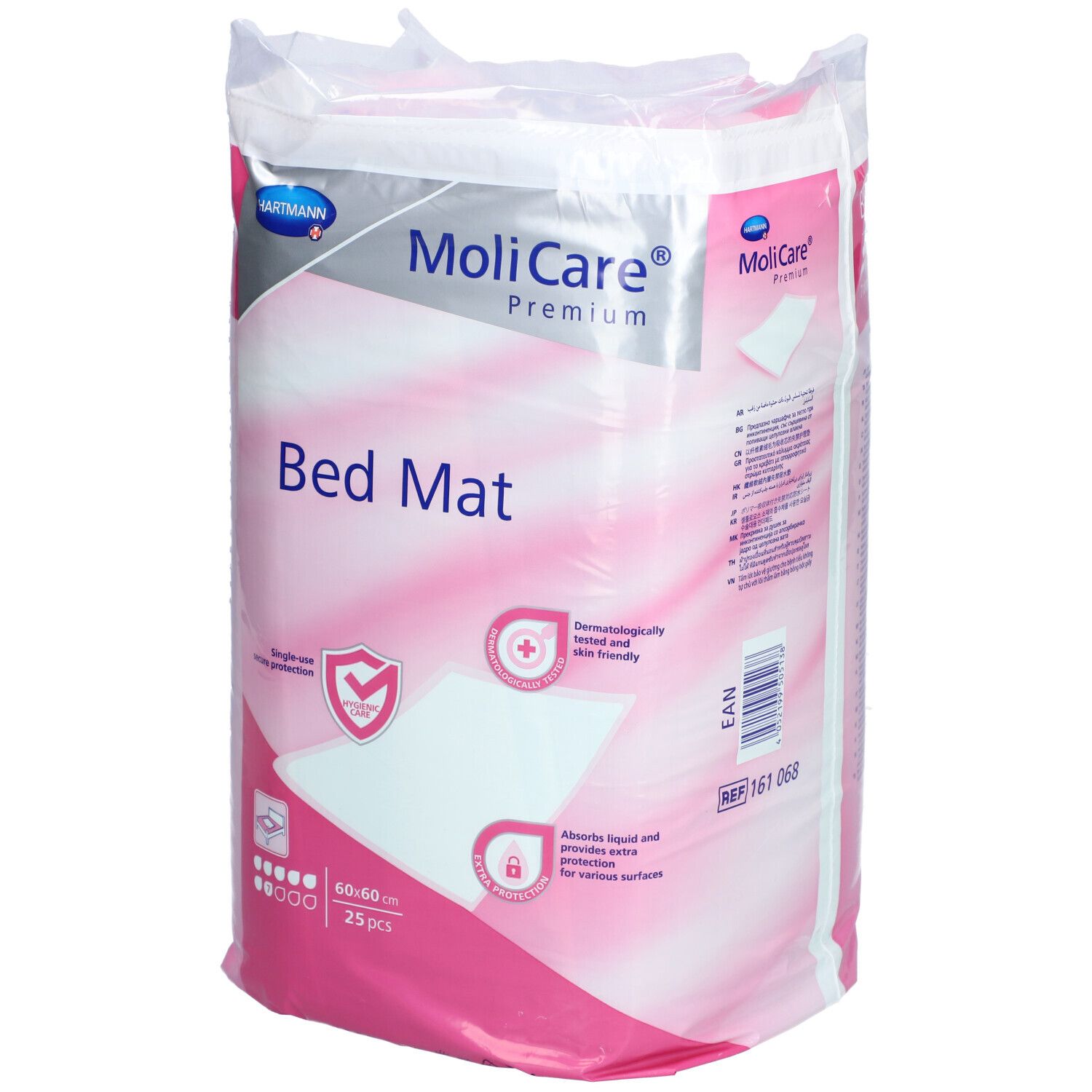 Verpackung MoliCare Bed Mat, 60x60cm, 25 Stück. Mit Logo, Produktname, und Eigenschaften. Einzelne Schutz, dermatologisch getestet.