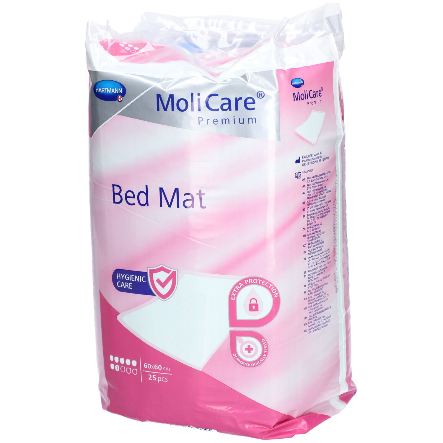 Verpackung MoliCare Bed Mat, 60x60cm, 25 Stück. Mit Logo, Produktname, und Eigenschaften. Hygienische Pflege, extra Schutz.