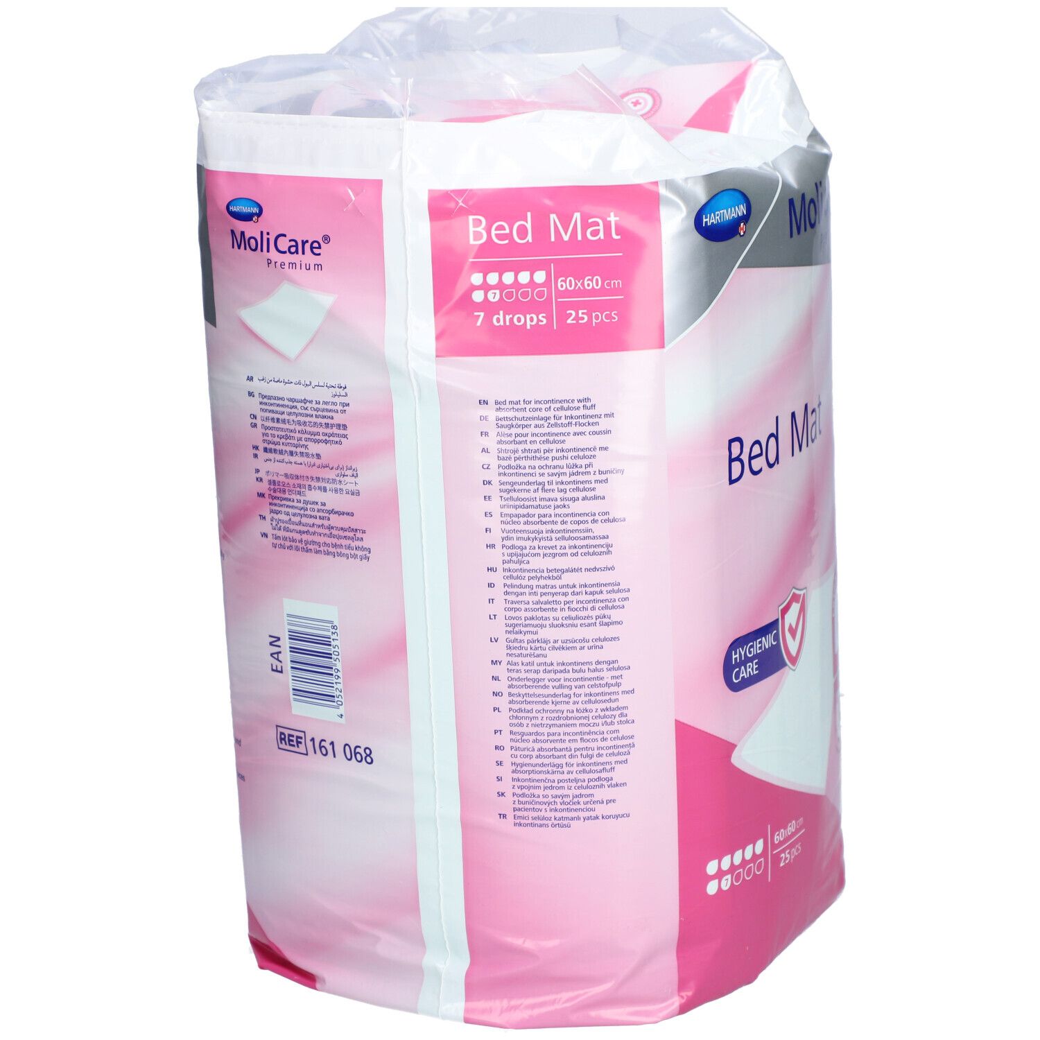 Verpackung MoliCare Bed Mat, 60x60cm, 25 Stück. 7 Tropfen-Symbol. Rückseite mit Text. Hygienische Pflege, extra Schutz.