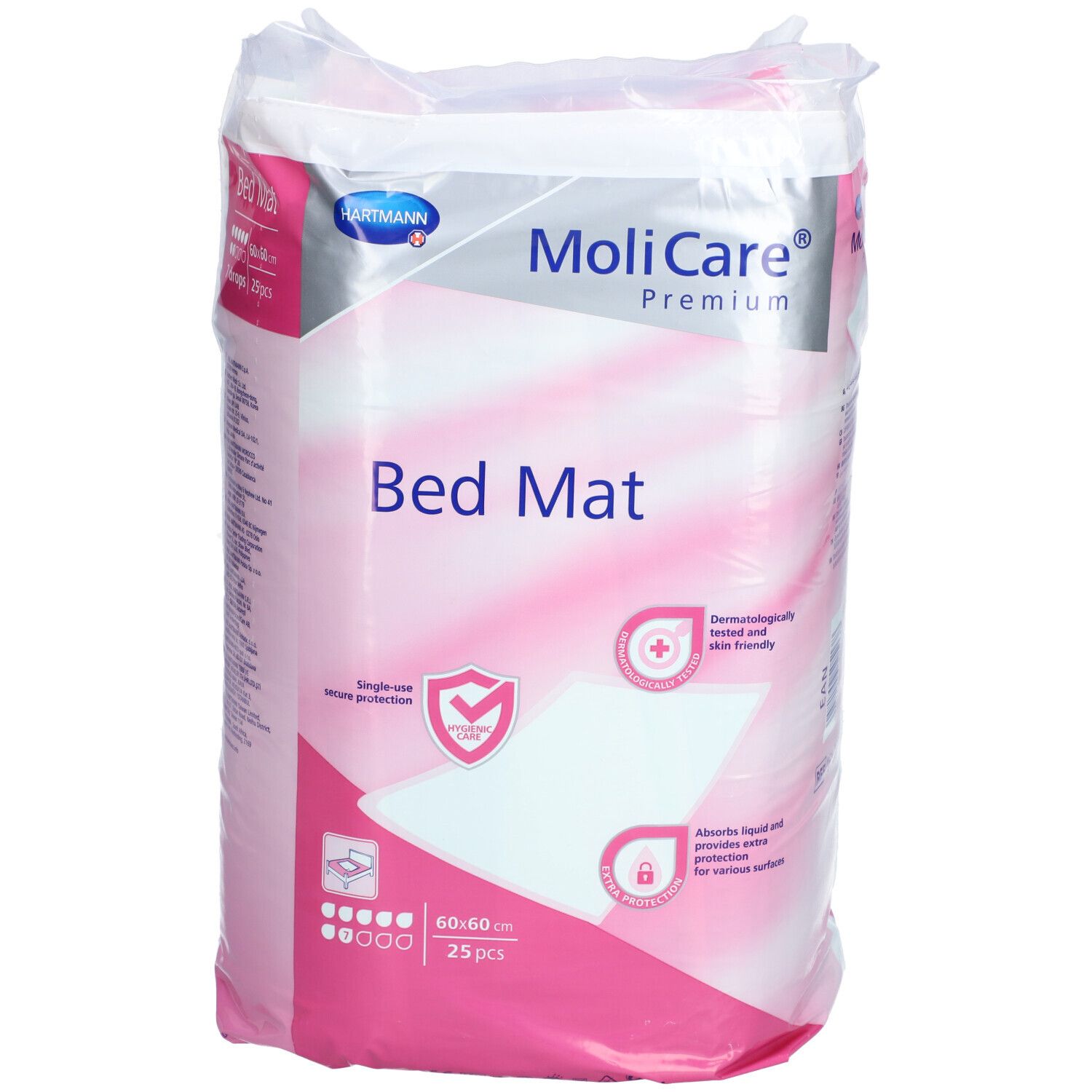 Verpackung MoliCare Bed Mat, 60x60cm, 25 Stück. Mit Logo, Produktname, und Eigenschaften. Einzelne Schutz, dermatologisch getestet.