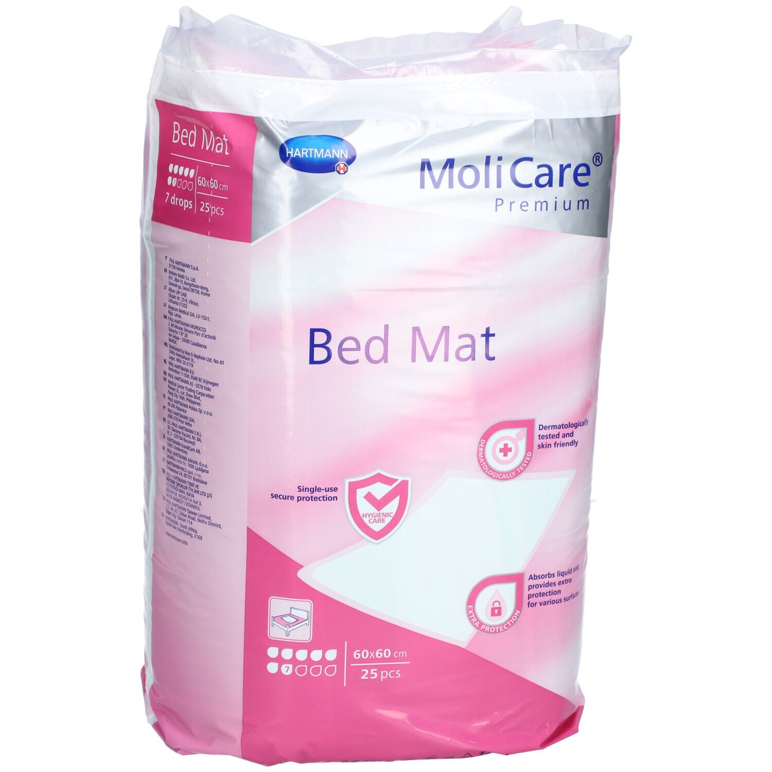 Verpackung MoliCare Bed Mat, 60x60cm, 25 Stück. 7 Tropfen-Symbol. Rückseite mit Text. Einzelne Schutz, dermatologisch getestet.