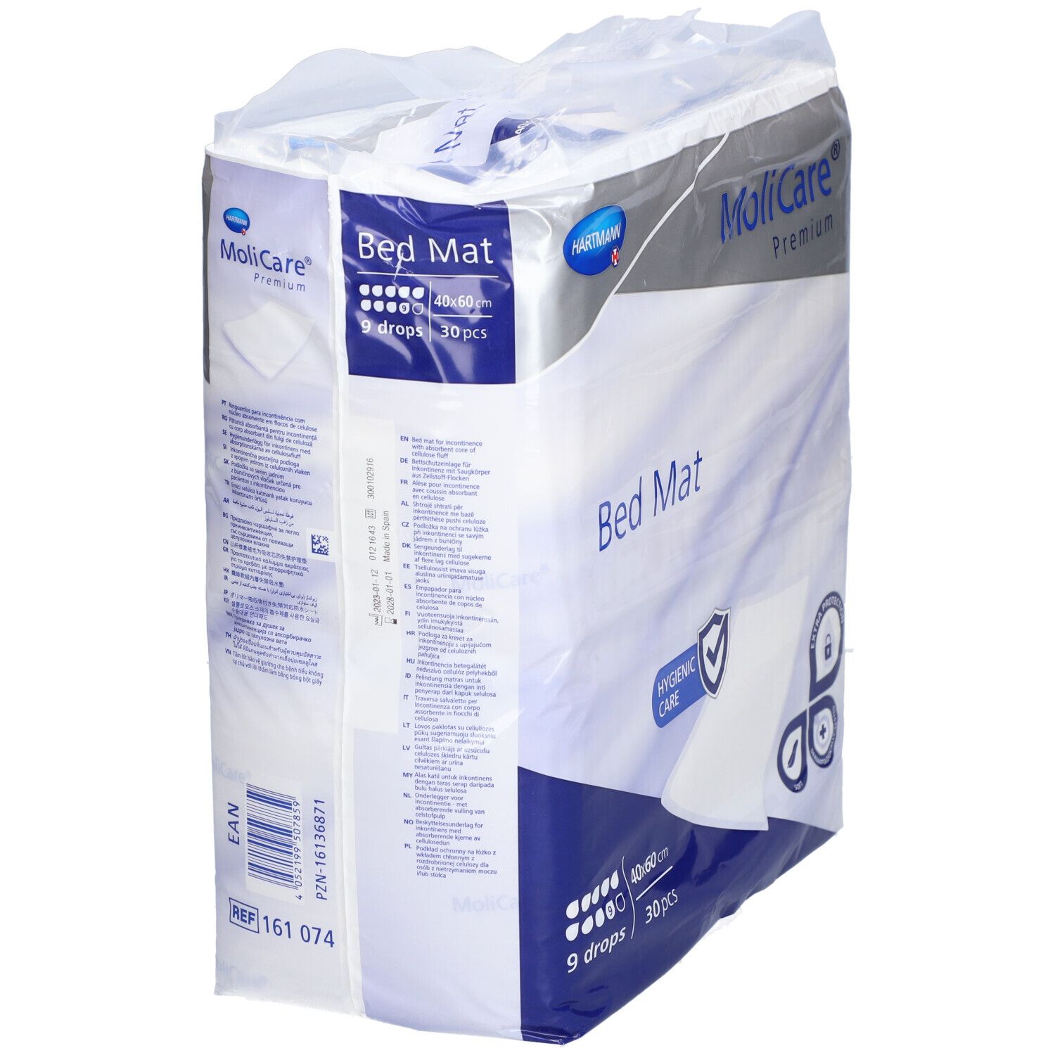 Emballage MoliCare Bed Mat. 40x60cm, 30 pièces. Soin hygiénique. Protection supplémentaire. 9 gouttes. Logo Hartmann.
