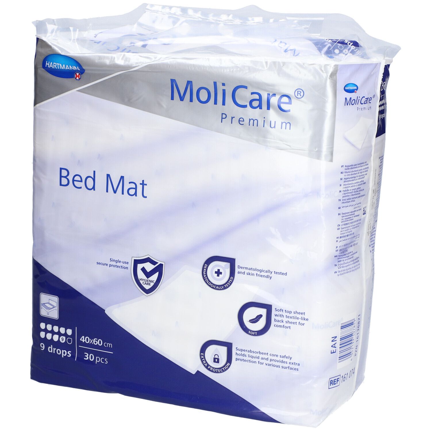 Emballage MoliCare Bed Mat. 40x60cm, 30 pièces. Soin hygiénique. Protection supplémentaire. 9 gouttes. Logo Hartmann.