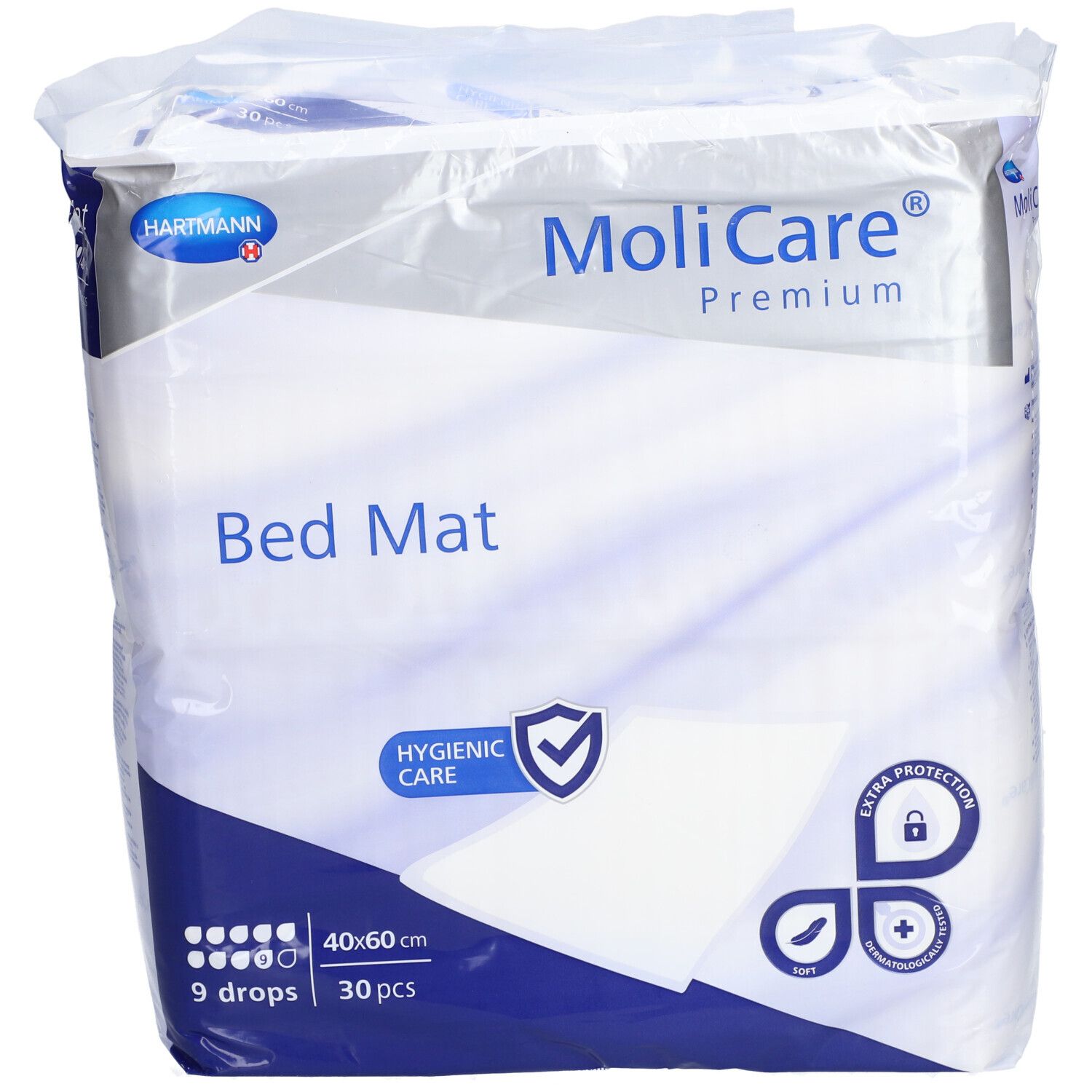 Emballage MoliCare Bed Mat. 40x60cm, 30 pièces. Soin hygiénique. Protection supplémentaire. 9 gouttes. Logo Hartmann.