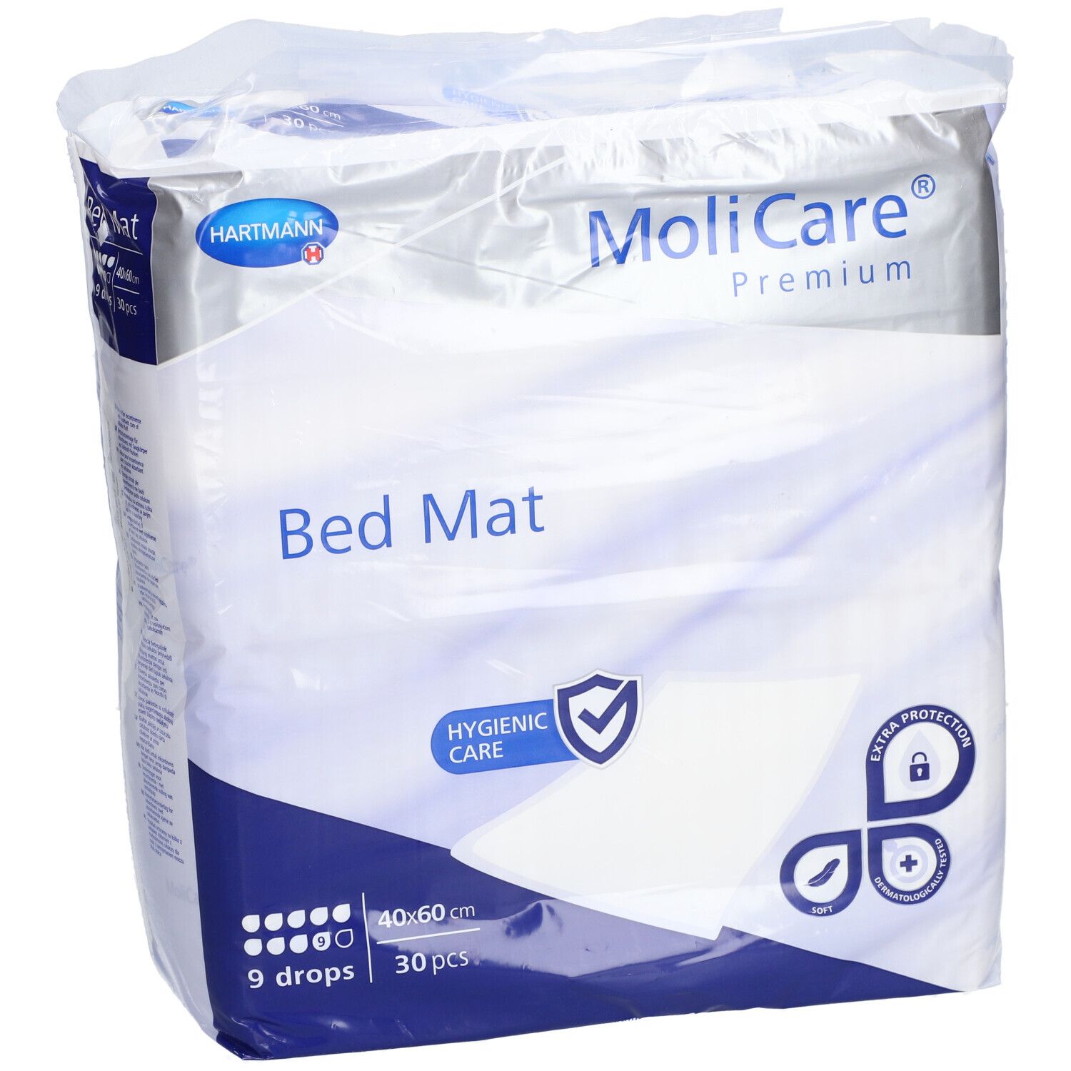 Emballage MoliCare Bed Mat. 40x60cm, 30 pièces. Soin hygiénique. Protection supplémentaire. 9 gouttes. Logo Hartmann.