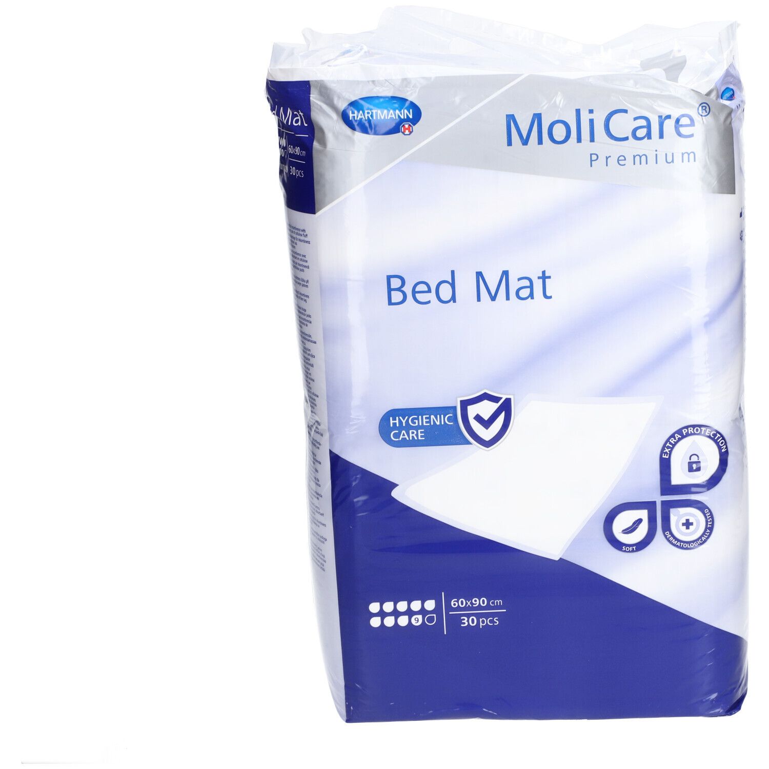 Emballage MoliCare Bed Mat. Produit blanc, accents bleus. Symbole de protection hygiénique. Taille 60x90cm, 30 pièces.
