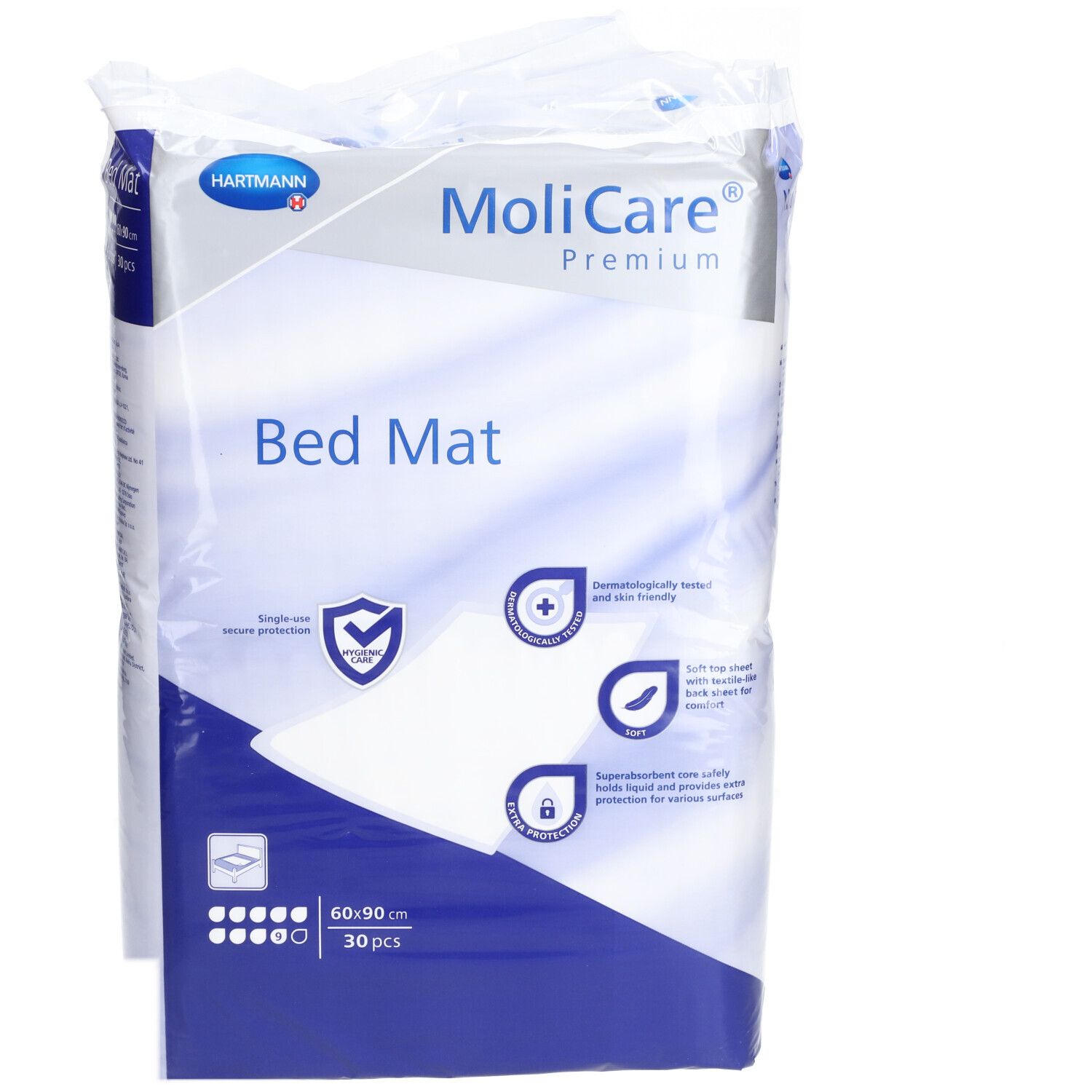 Emballage MoliCare Bed Mat. Produit blanc, détails bleus. Testé dermatologiquement. Taille 60x90cm, 30 pièces.