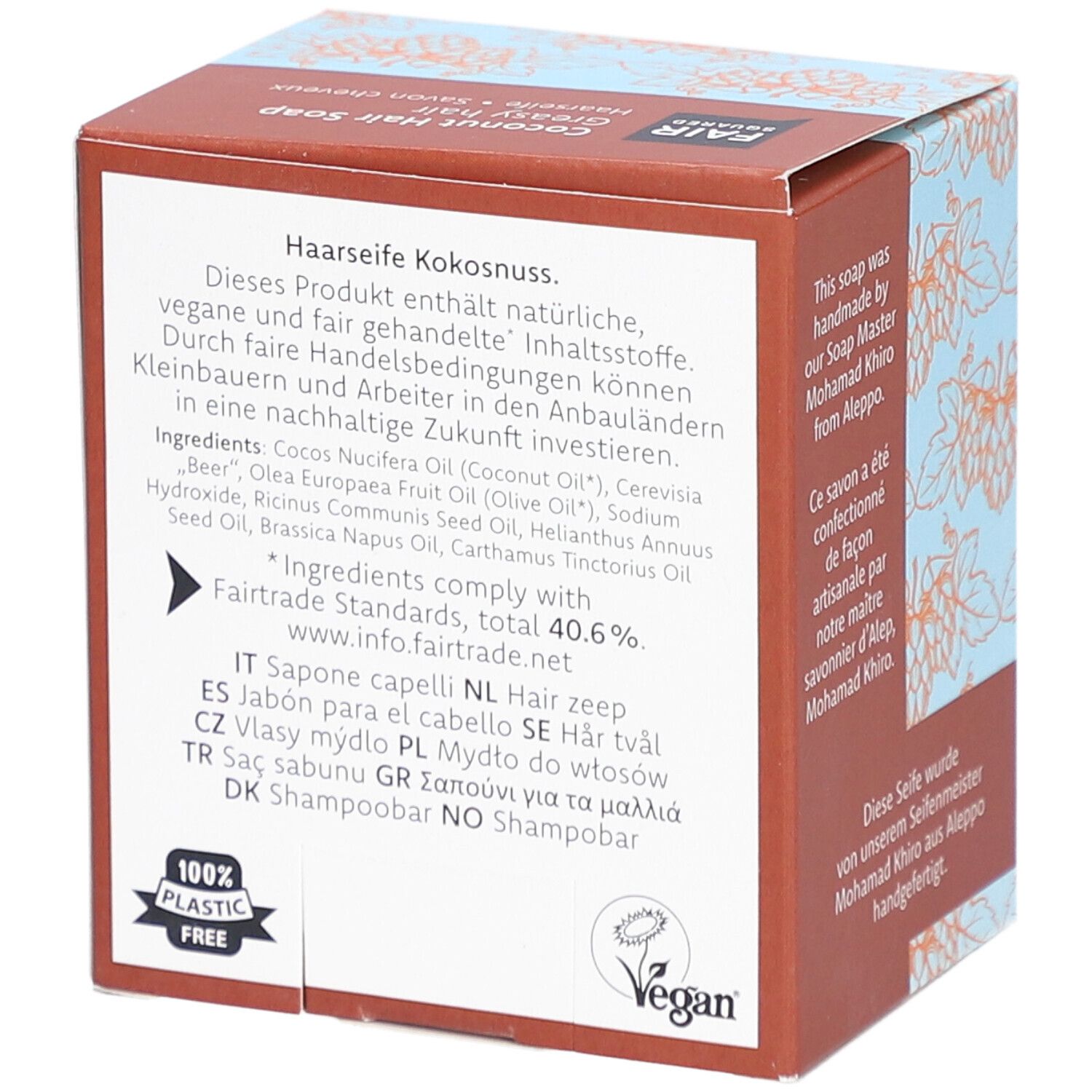 Rückseite der Verpackung von FAIR SQUARED Haarseife Coco. Text: Inhaltsstoffe, Fairtrade-Standards, Vegan-Siegel, 100% plastikfrei.
