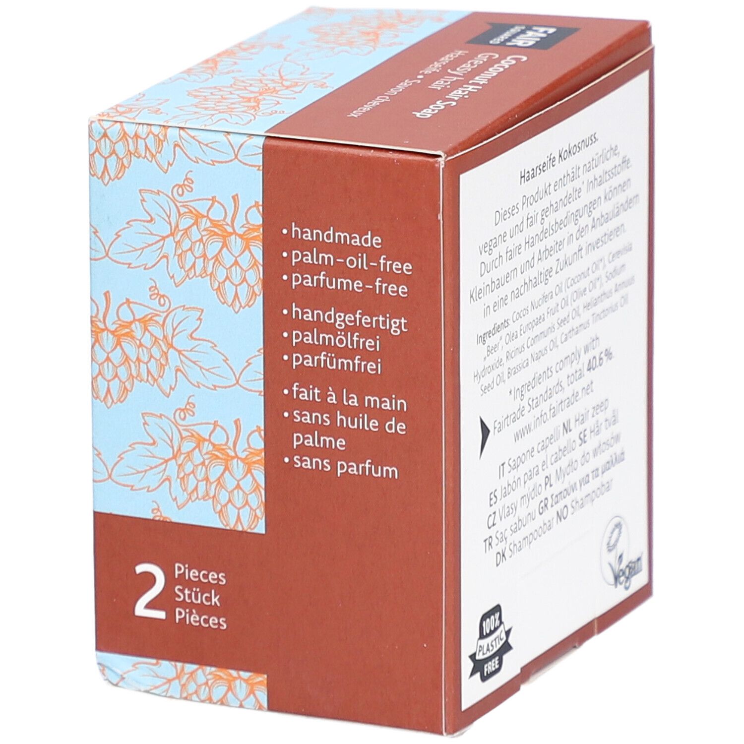 Karton mit FAIR SQUARED Haarseife Coco. Aufdruck: FAIR SQUARED, handgefertigt, palmölfrei, parfümfrei, 2 Stück, Vegan-Siegel.