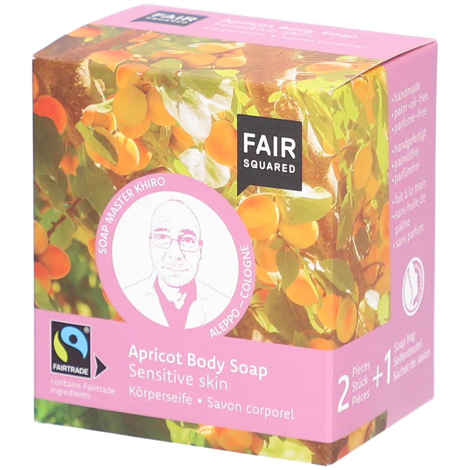 FAIR SQUARED Körperseife Aprikose für empfindliche Haut, 2 Stück + 1 Seifenbeutel. Fairtrade-Siegel und Vegan-Logo sichtbar.