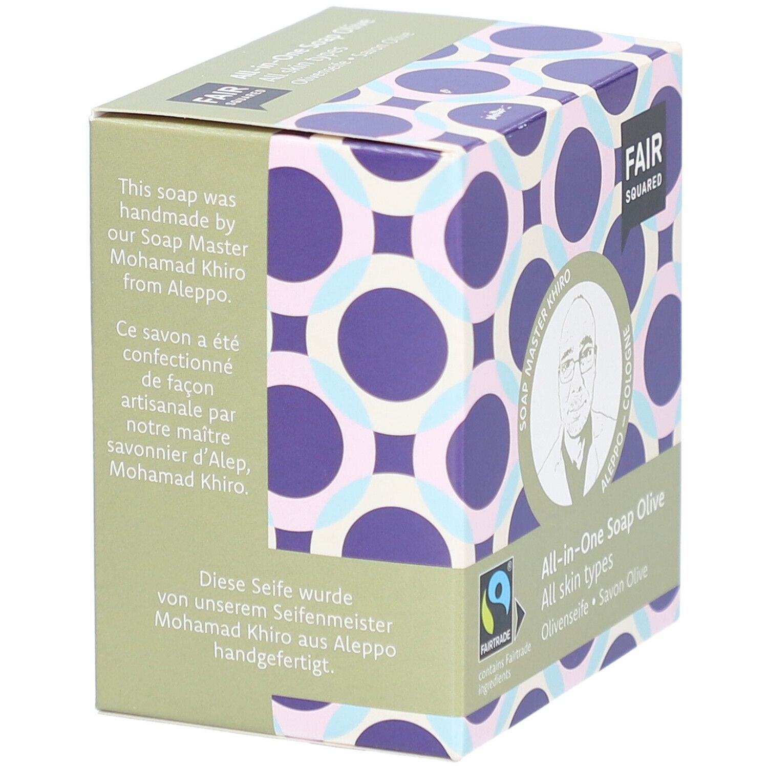 Verpackung von FAIR SQUARED All-in-One-Seife Olive. Text über handgemachte Seife von Soap Master Khiro.