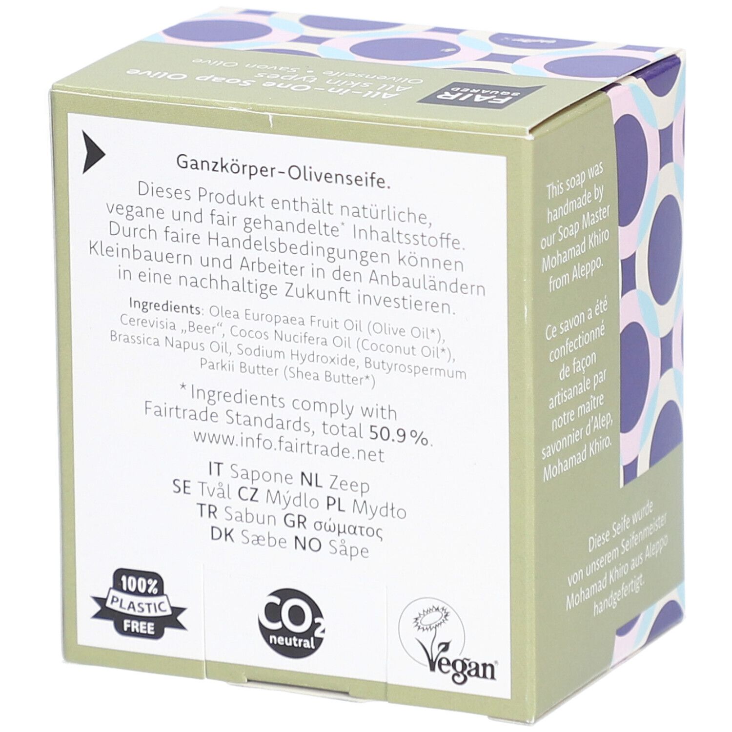 Verpackung von FAIR SQUARED All-in-One-Seife Olive. Inhaltsstoffe, Vegan-Siegel, CO2-neutral.