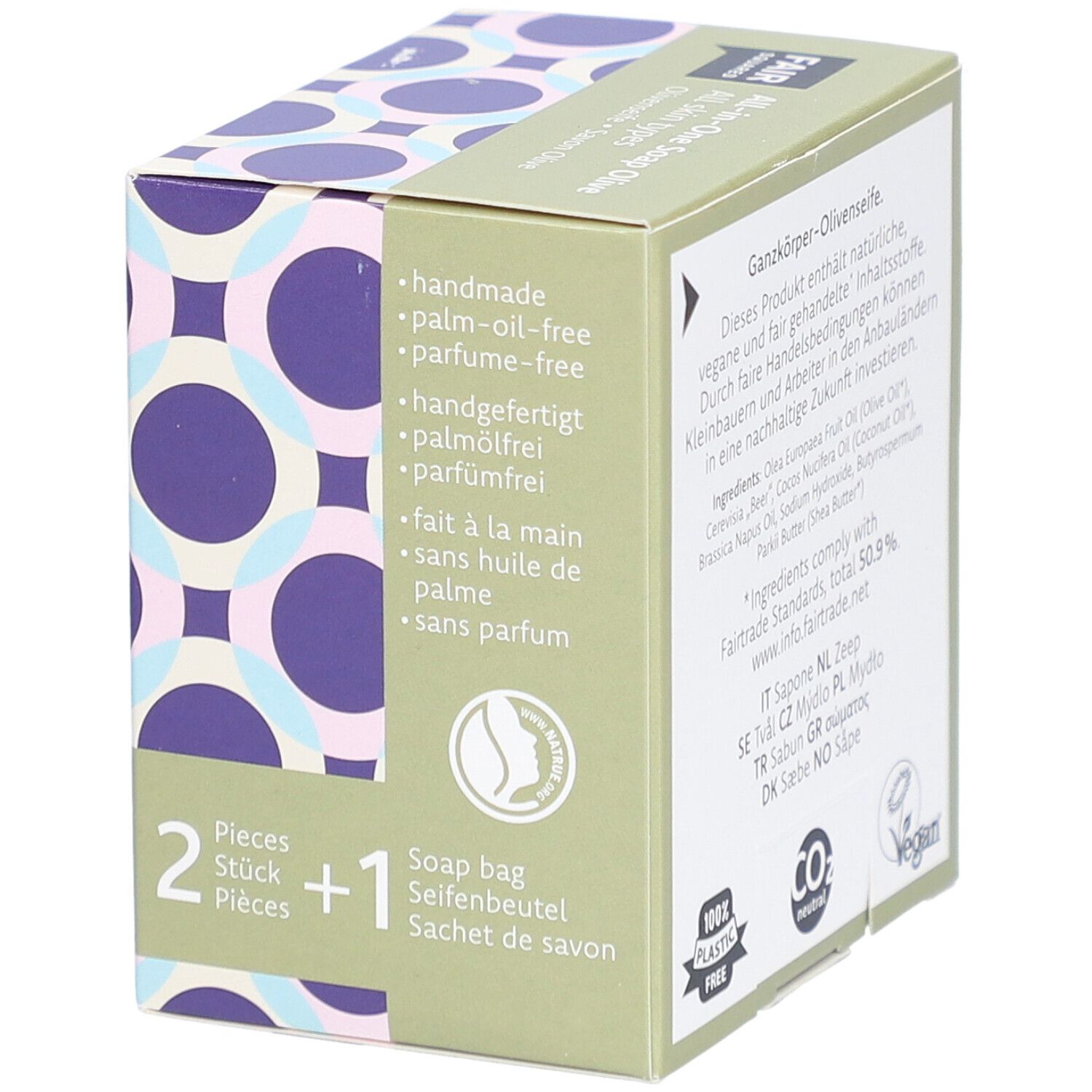 Verpackung von FAIR SQUARED All-in-One-Seife Olive. 2 Stück + 1 Seifenbeutel, handgemacht, palmölfrei.