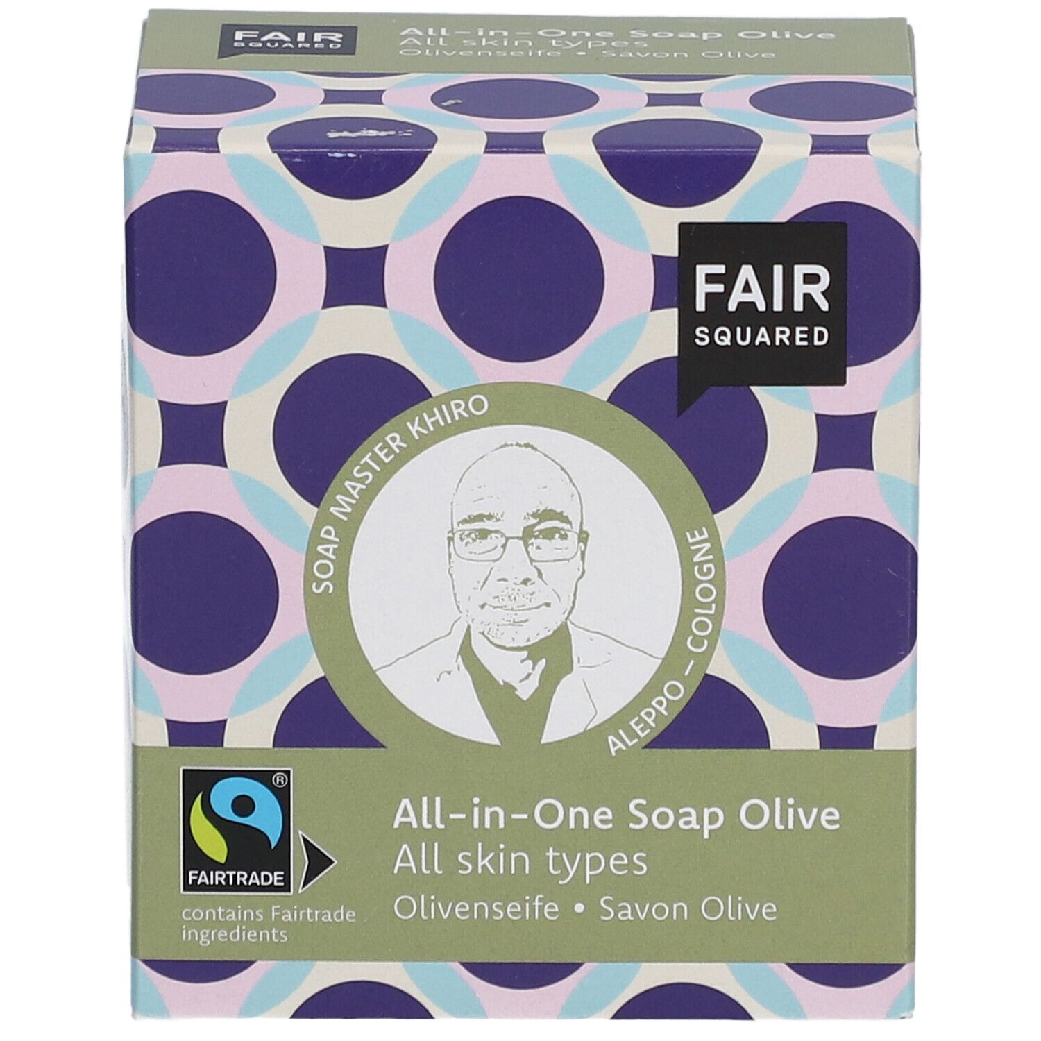Verpackung von FAIR SQUARED All-in-One-Seife Olive. Fairtrade-Siegel, Porträt von Soap Master Khiro.