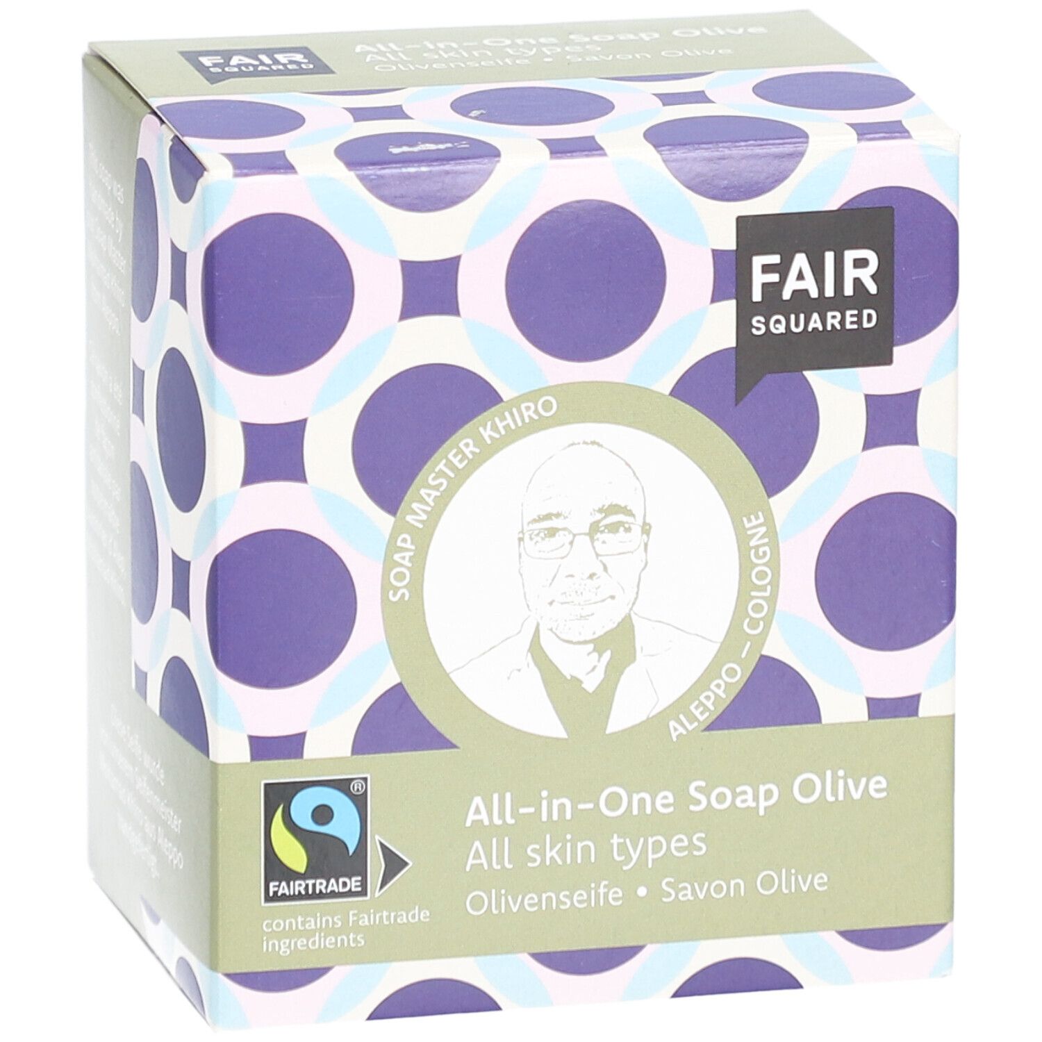 Verpackung von FAIR SQUARED All-in-One-Seife Olive. FAIR SQUARED Logo, Fairtrade-Siegel.