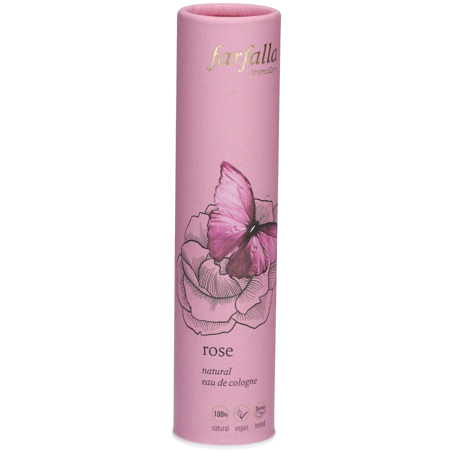 Rosa zylindrische Verpackung mit Aufdruck: Rose, Schmetterling, Logo. 100% natürlich, vegan.