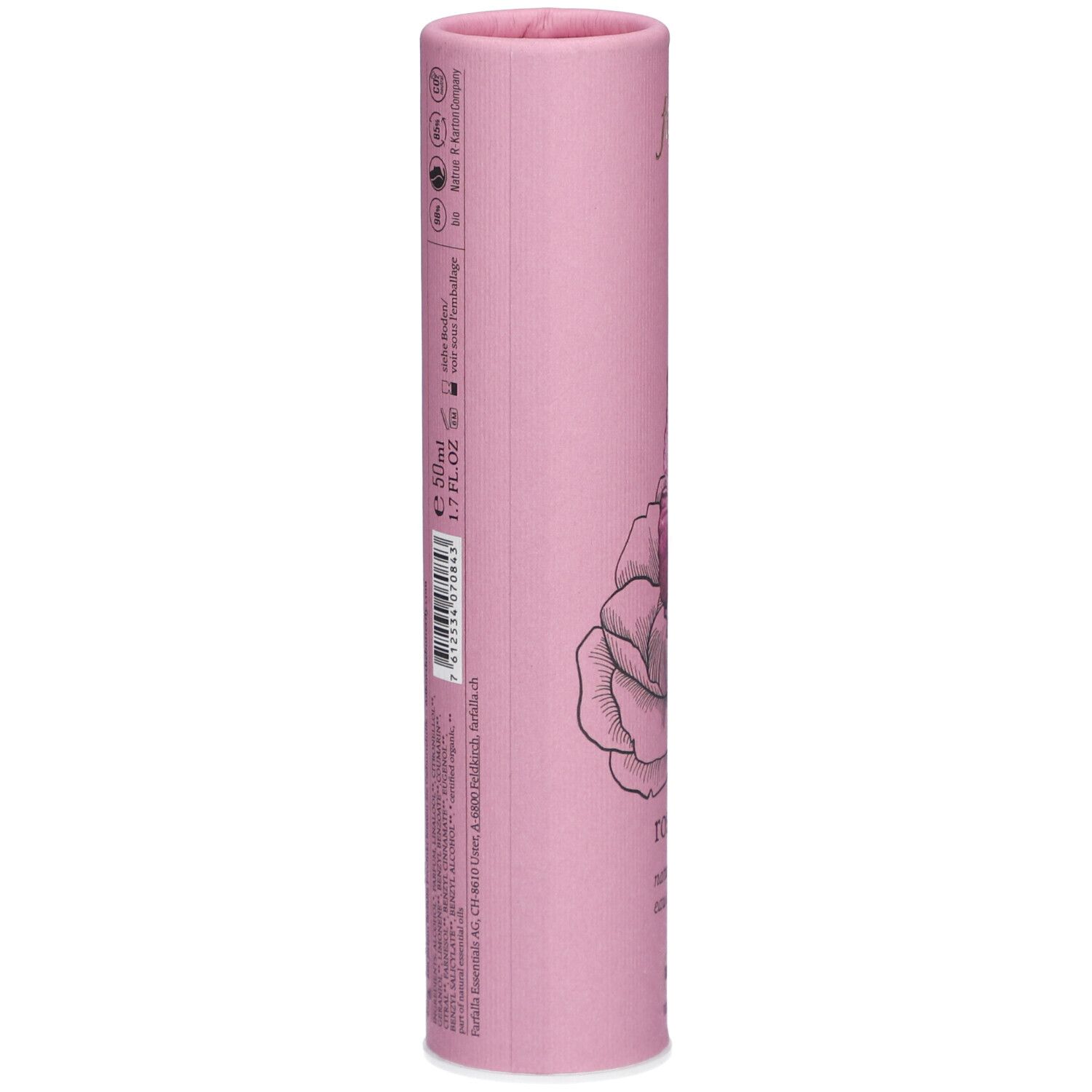 Rosa zylindrische Verpackung. Seitliche Ansicht mit Text und Logos. Enthält 50ml.