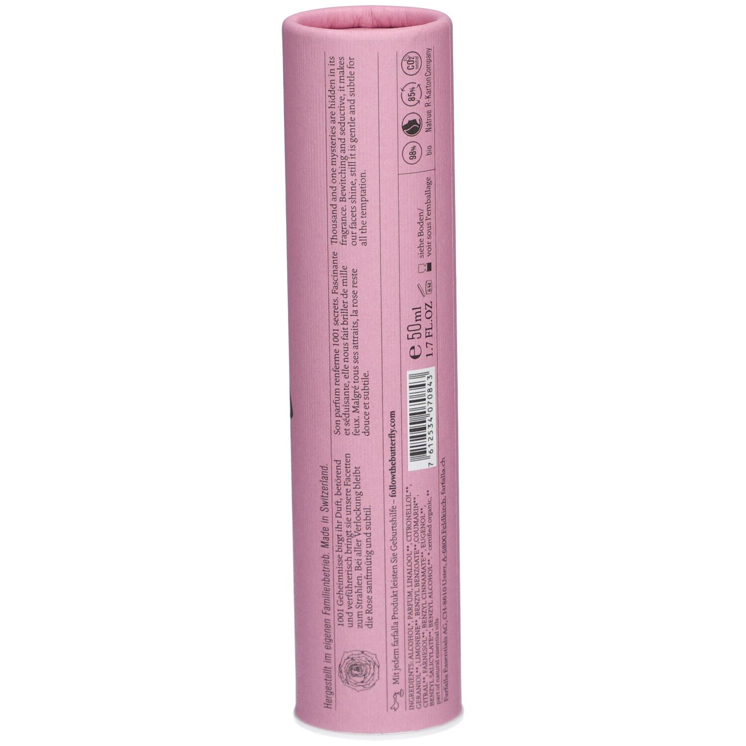 Rosa zylindrische Verpackung. Text und Logos auf der Seite. Hergestellt in der Schweiz.