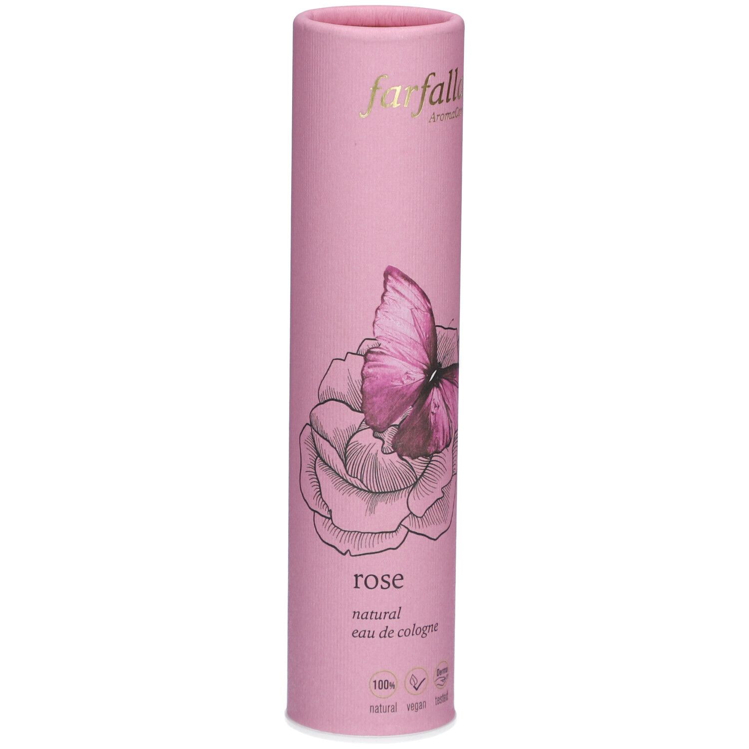 Rosa zylindrische Verpackung mit Aufdruck: Rose, Schmetterling, Logo. 100% natürlich, vegan.