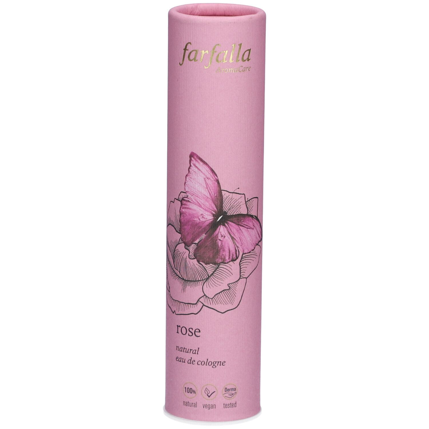 Rosa zylindrische Verpackung mit Aufdruck: Rose, Schmetterling, Logo. 100% natürlich, vegan.