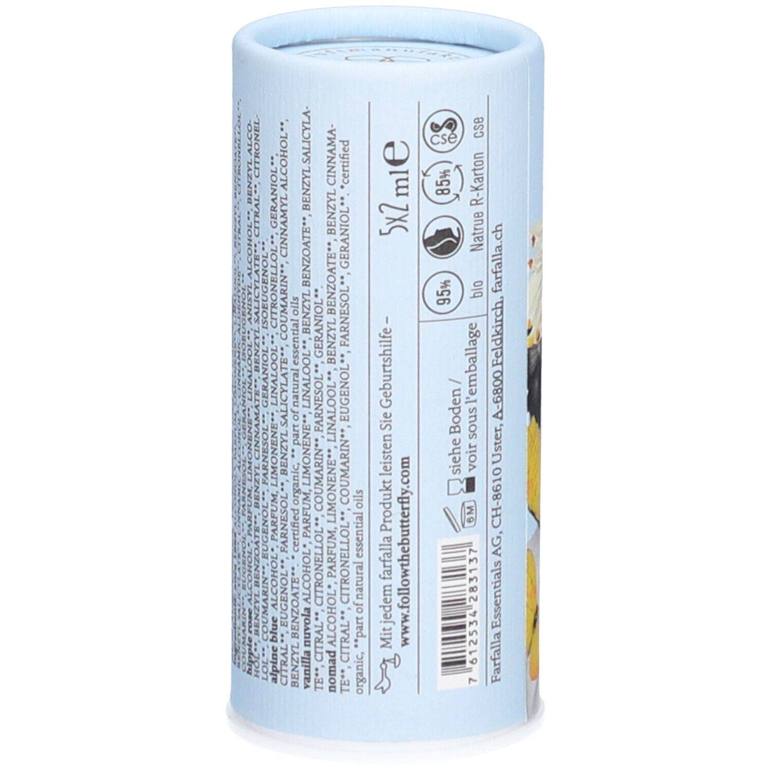 Hellblaue zylindrische Verpackung. Rückseite mit Inhaltsstoffen, Logos und Adressinformationen. Text in Deutsch.