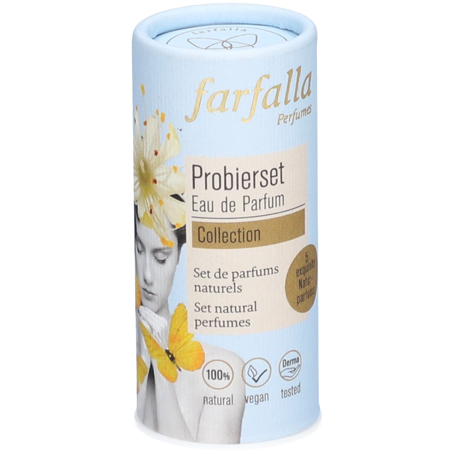 Hellblaue zylindrische Verpackung. Aufschrift: farfalla, Probiererset Eau de Parfum Collection. Mit Illustration und Logos.