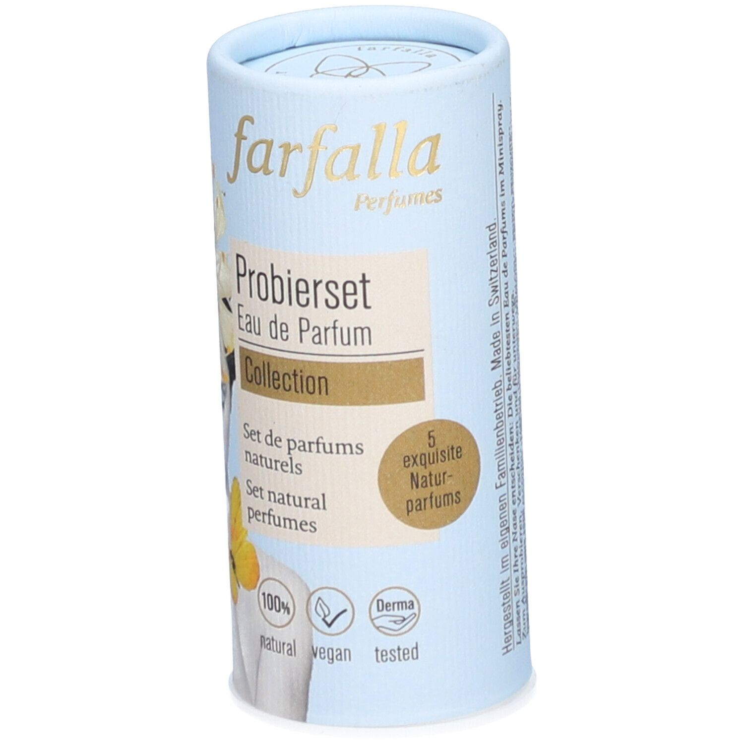 Hellblaue zylindrische Verpackung. Aufschrift: farfalla, Probiererset Eau de Parfum Collection. Mit Illustration und Logos.